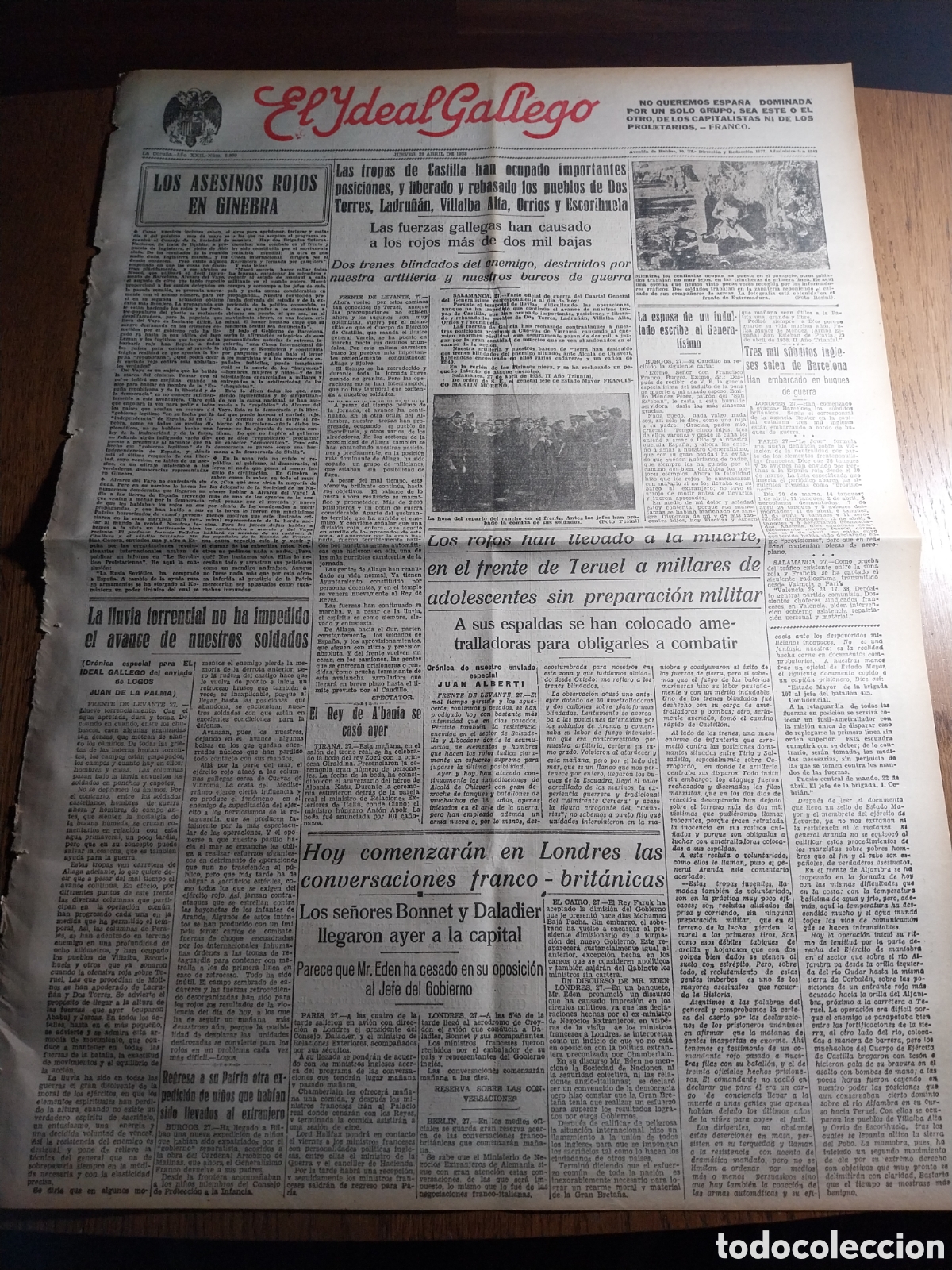 Collezionismo di Riviste e Giornali: IDEAL GALLEGO 1938 LAS TROPAS DE CASTILLA LIBERAN LADRU&Ntilde;AN VILLALBA ALTA ORRIOS.CEMENTERIO DE HUESCA