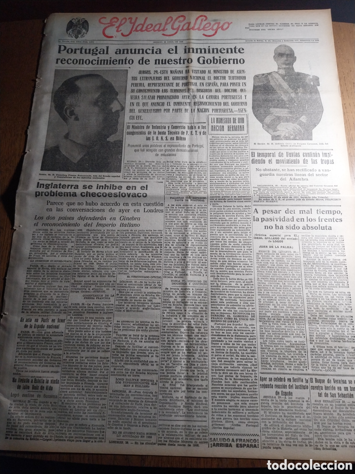 Collezionismo di Riviste e Giornali: IDEAL GALLEGO 1938 PORTUGAL RECONOCER&Aacute; NUESTRO GOBIERNO.HAZA&Ntilde;A DE FALANGISTAS EN PUEBLO ORILLA SEGRE