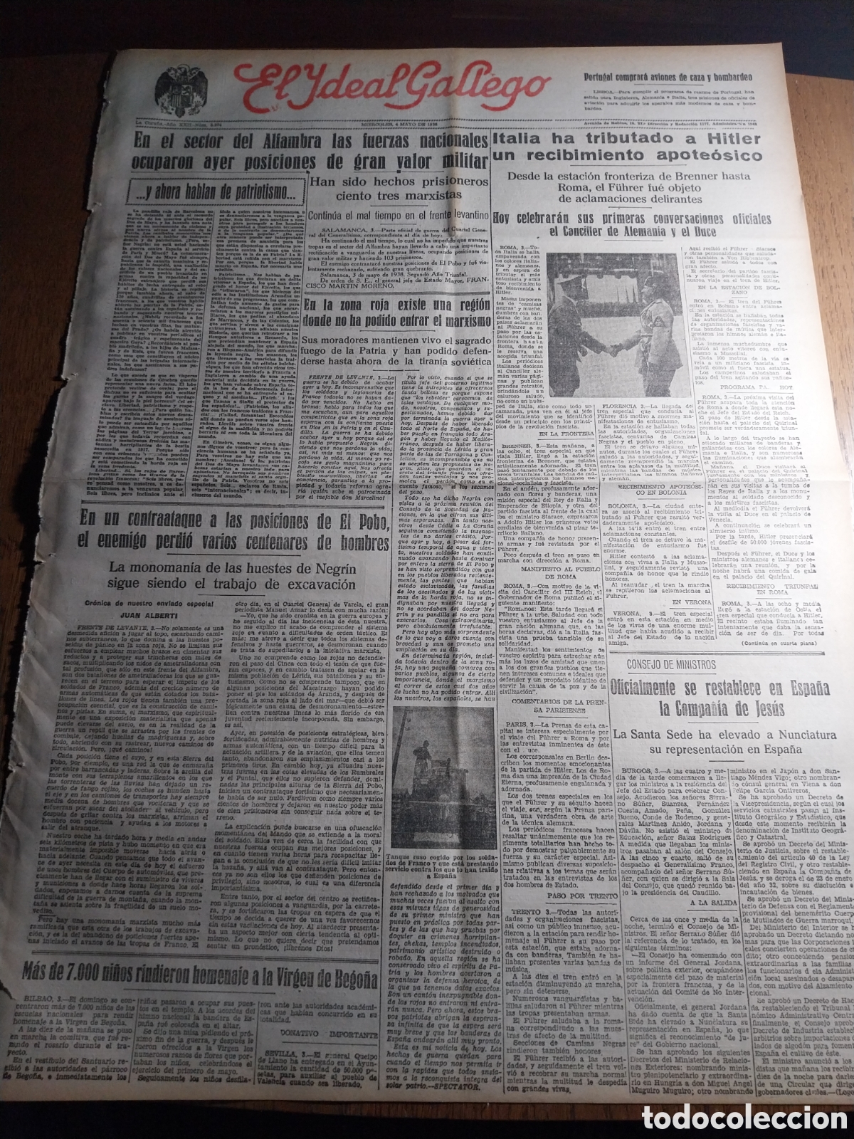 Collezionismo di Riviste e Giornali: IDEAL GALLEGO 1938 ITALIA TRIBUT&Oacute; A HITLER UN RECIBIMIENTO APOTEOSICO.F&Uacute;TBOL EQUIPO DEQUIDT S.E.U