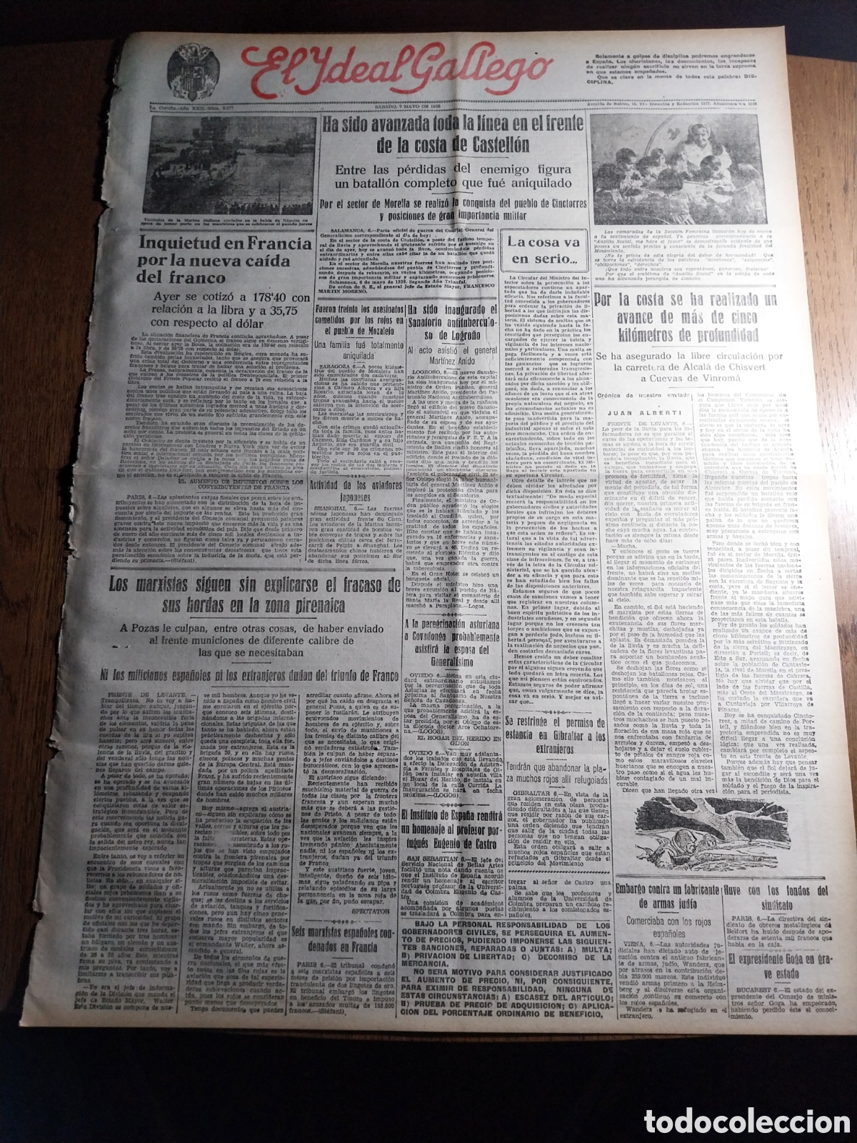 Collectionnisme de Revues et Journaux: IDEAL GALLEGO 1938 COSTA DE CASTELLON AVANCE DE MAS D 5 KM. SECTOR MORELLA CONQUISTA DE CINCTORRES