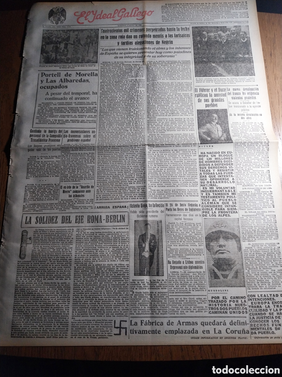 Collezionismo di Riviste e Giornali: IDEAL GALLEGO 1938 PORTELL DE MOREDA Y LAS ALBAREDAS OCUPADOS. 400 MIL CRIMENES HECHOS EN ZONA ROJA