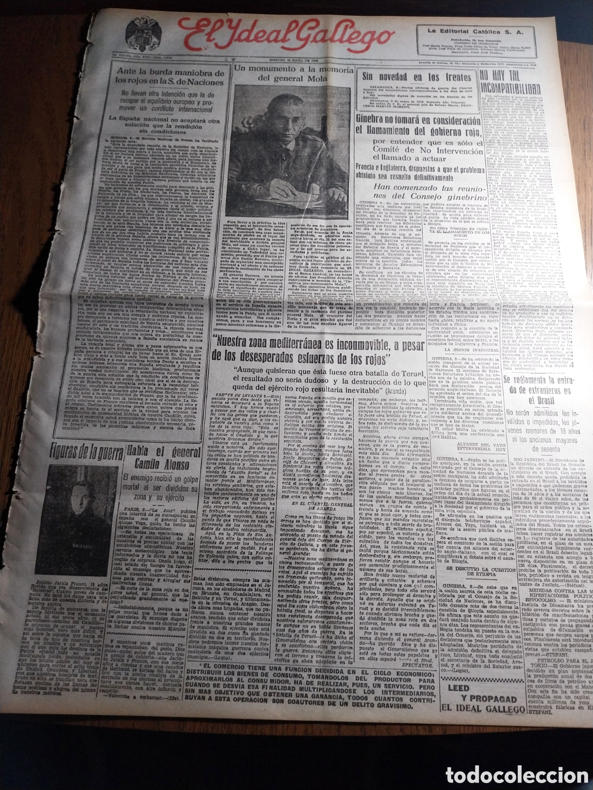 Collezionismo di Riviste e Giornali: IDEAL GALLEGO 1938 MONUMENTO A LA MEMORIA DEL GRAL MOLA. VISITA DEL FUHRER A ROMA