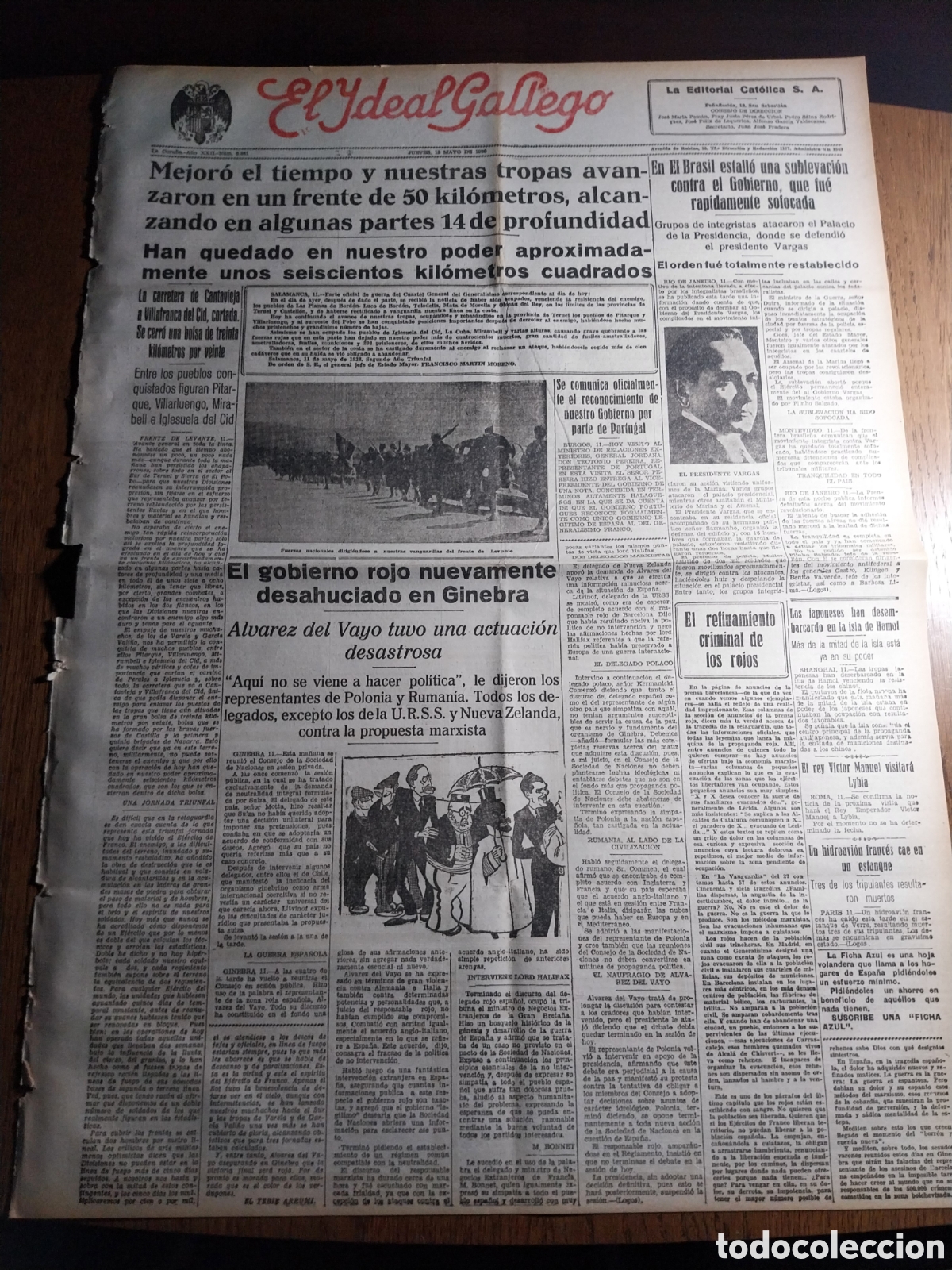 Collezionismo di Riviste e Giornali: IDEAL GALLEGO 1938 MEJORO EL TIEMPO Y LAS TROPAS AVANZARON UN FRENTE DE 50 KM Y 14 KM DE PROFUNDIDAD