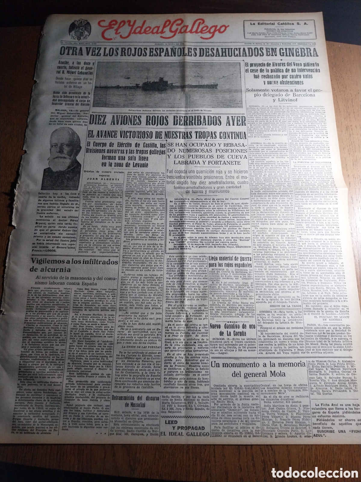 Collezionismo di Riviste e Giornali: IDEAL GALLEGO 1938.DIEZ AVIONES ROJOS DERRIBADOS OCUPADOS CUEVA LABRADA Y FORTANETE.MUERE CABANELLAS