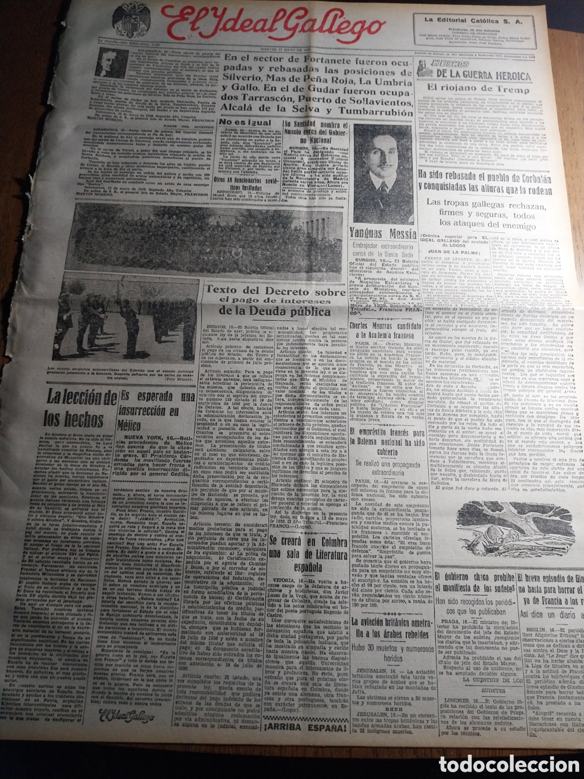 Colecionismo de Revistas e Jornais: IDEAL GALLEGO 1938 OCUPADOS SILVERIO MAS DE PE&Ntilde;A ROJA LA UMBRIA GALLO TARRASCON SOLLAVIENTOS TUMBARR