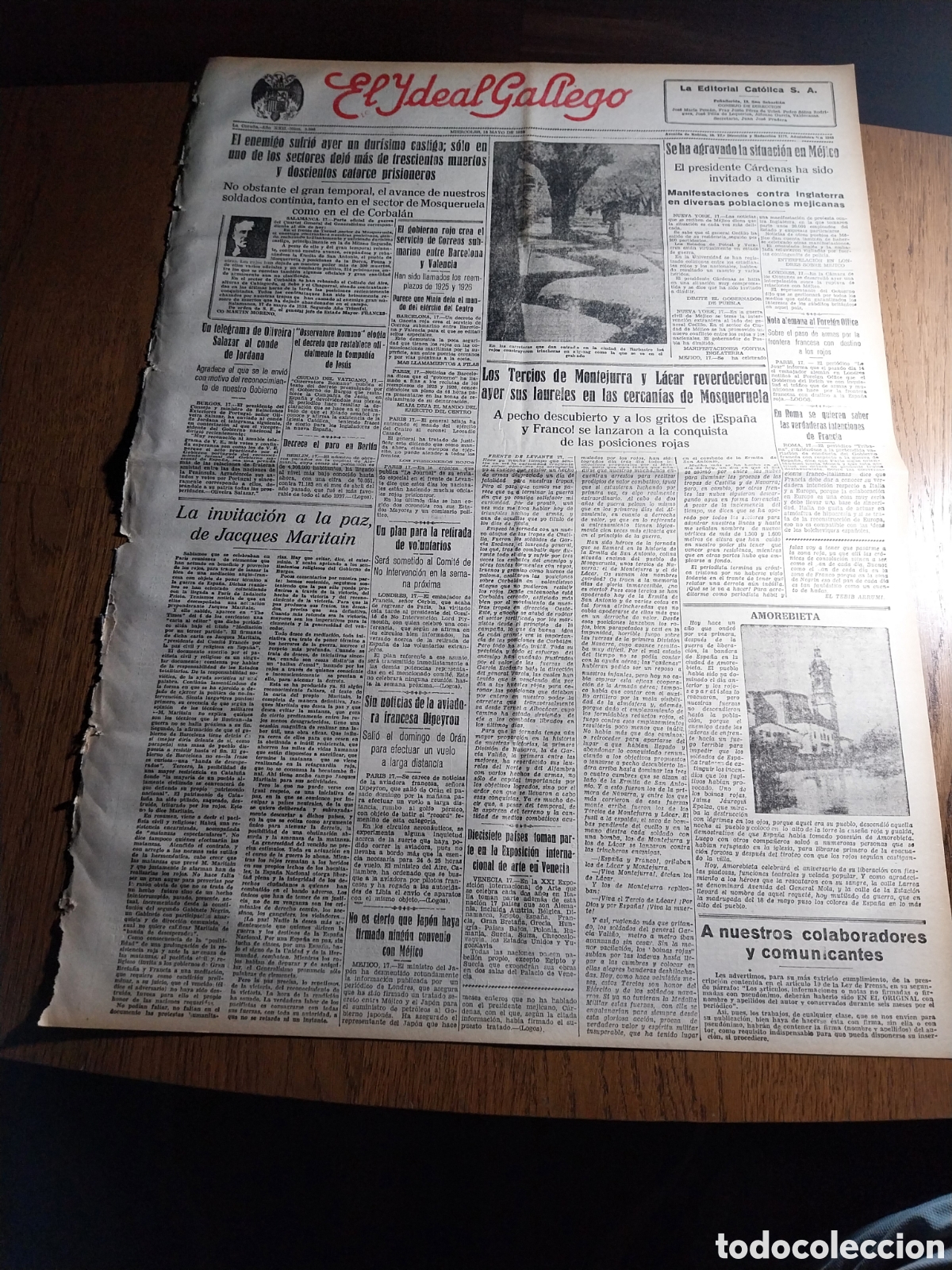 Colecionismo de Revistas e Jornais: IDEAL GALLEGO 1938 LOS TERCIOS D MONTEJURRA Y LACAR EN CERCANIAS DE MOSQUERUELA.CONQUISTA AMOREBIETA