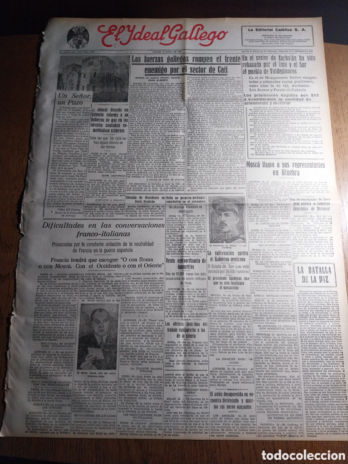 Colecionismo de Revistas e Jornais: IDEAL GALLEGO 1938 FUERZAS GALLEGAS ROMPEN EL FRENTE EN SECTOR DE CATI. SECTOR CORBALAN VALDEPINARES