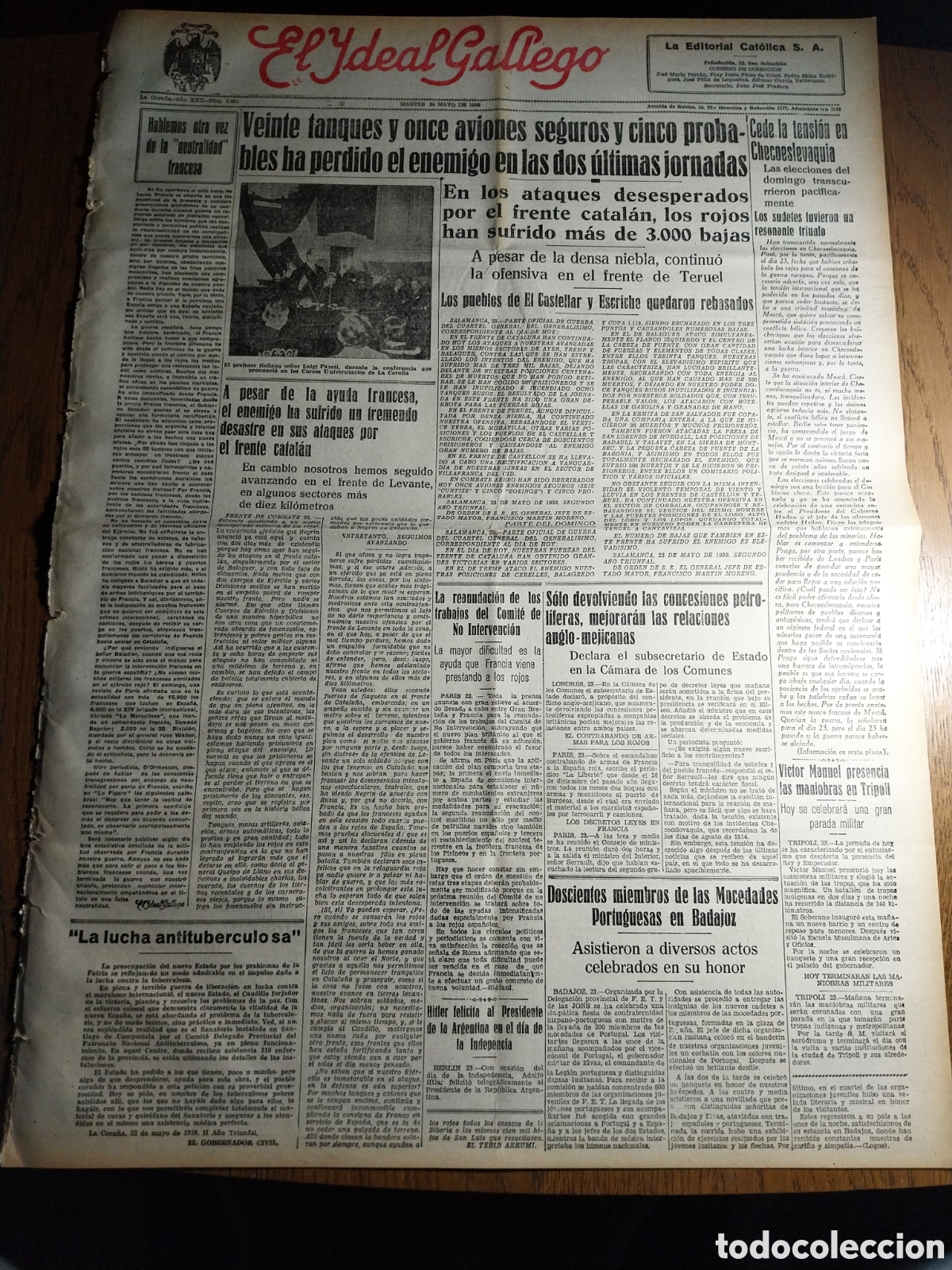 Collezionismo di Riviste e Giornali: IDEAL GALLEGO 1938 FRENTE DE TERUEL EL CASTELLAR Y ESCRICHE REBASADOS. SECTOR DE BALAGUER ATAQUES