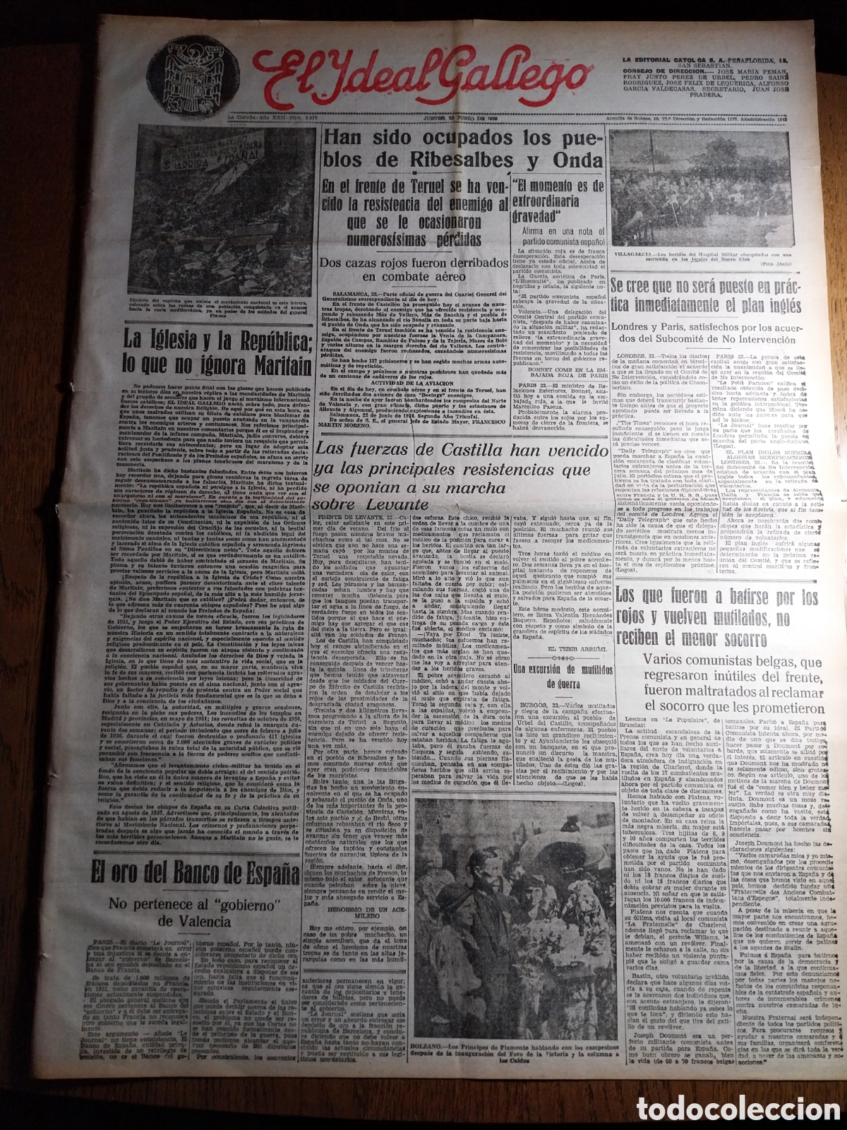 Coleccionismo de Revistas y Peri&oacute;dicos: IDEAL GALLEGO 1938 OCUPADOS RIBESALBES Y ONDA. EL ORO DEL BANCO DE ESPA&Ntilde;A.JOE LOUIS CAMPEON DE BOXEO