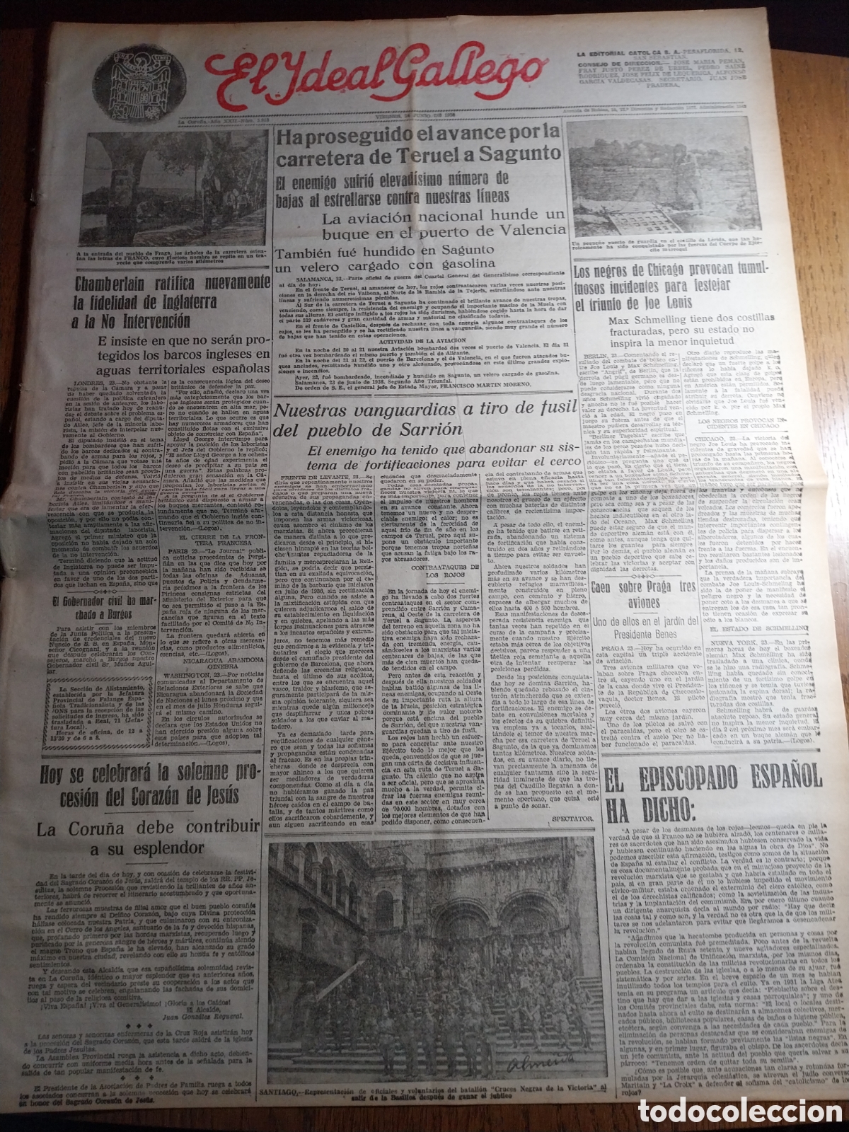 Collection Magazines and Newspapers: IDEAL GALLEGO 1938 HA PROSEGUIDO EL AVANCE POR LA CTRA DE TERUEL A SAGUNTO.BATALLON CRUCES NEGRAS VI