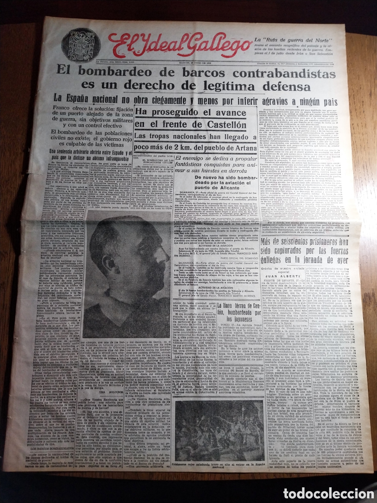Collezionismo di Riviste e Giornali: IDEAL GALLEGO 1938 LAS TROPAS NACIONALES ESTAN A 2 KM DE ARTANA. BOMBARDEO SOBRE PUERTO DE ALICANTE