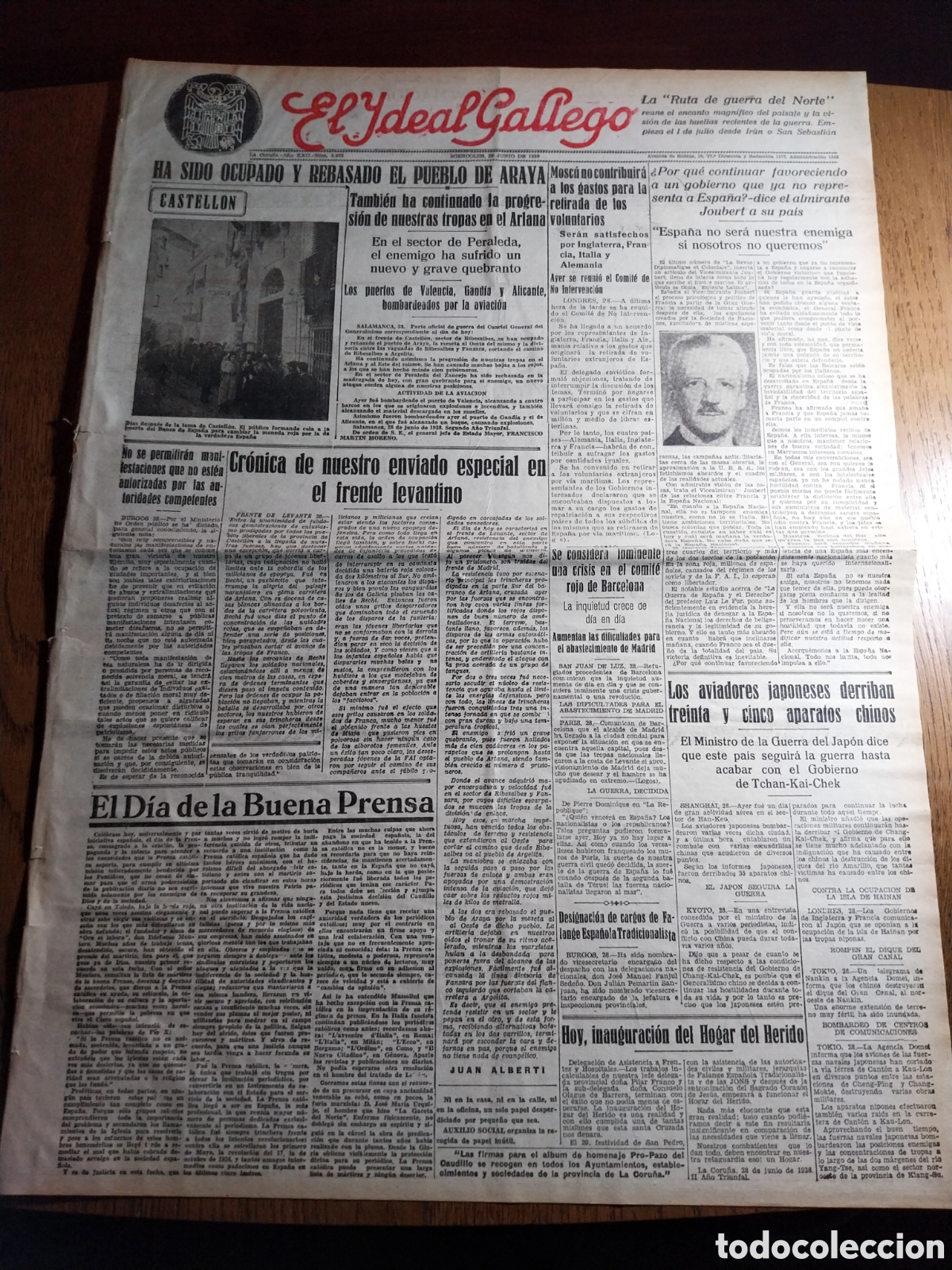 Collezionismo di Riviste e Giornali: IDEAL GALLEGO 1938 OCUPADO Y REBASADO EL PUEBLO DE ARAYA.SECTOR DE PERALEDA SUFRE GRAVE QUEBRANTO