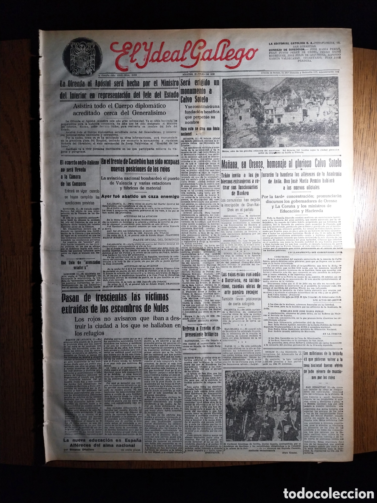 Collectionnisme de Revues et Journaux: IDEAL GALLEGO 1938 300 VICTIMAS EN NULES. MA&Ntilde;ANA EN ORENSE HOMENAJE A CALVO SOTELO