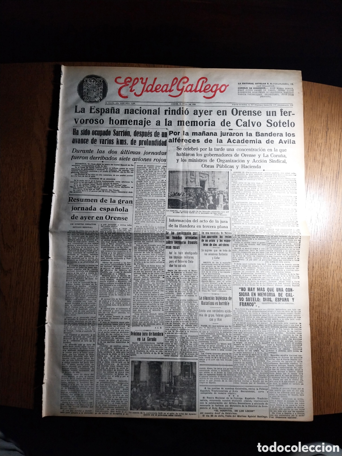 Collezionismo di Riviste e Giornali: IDEAL GALLEGO 1938 HOMENAJE EN ORENSE A CALVO SOTELO. OCUPADO SARRION DESPUES DE ACANCE D VARIOS KMS