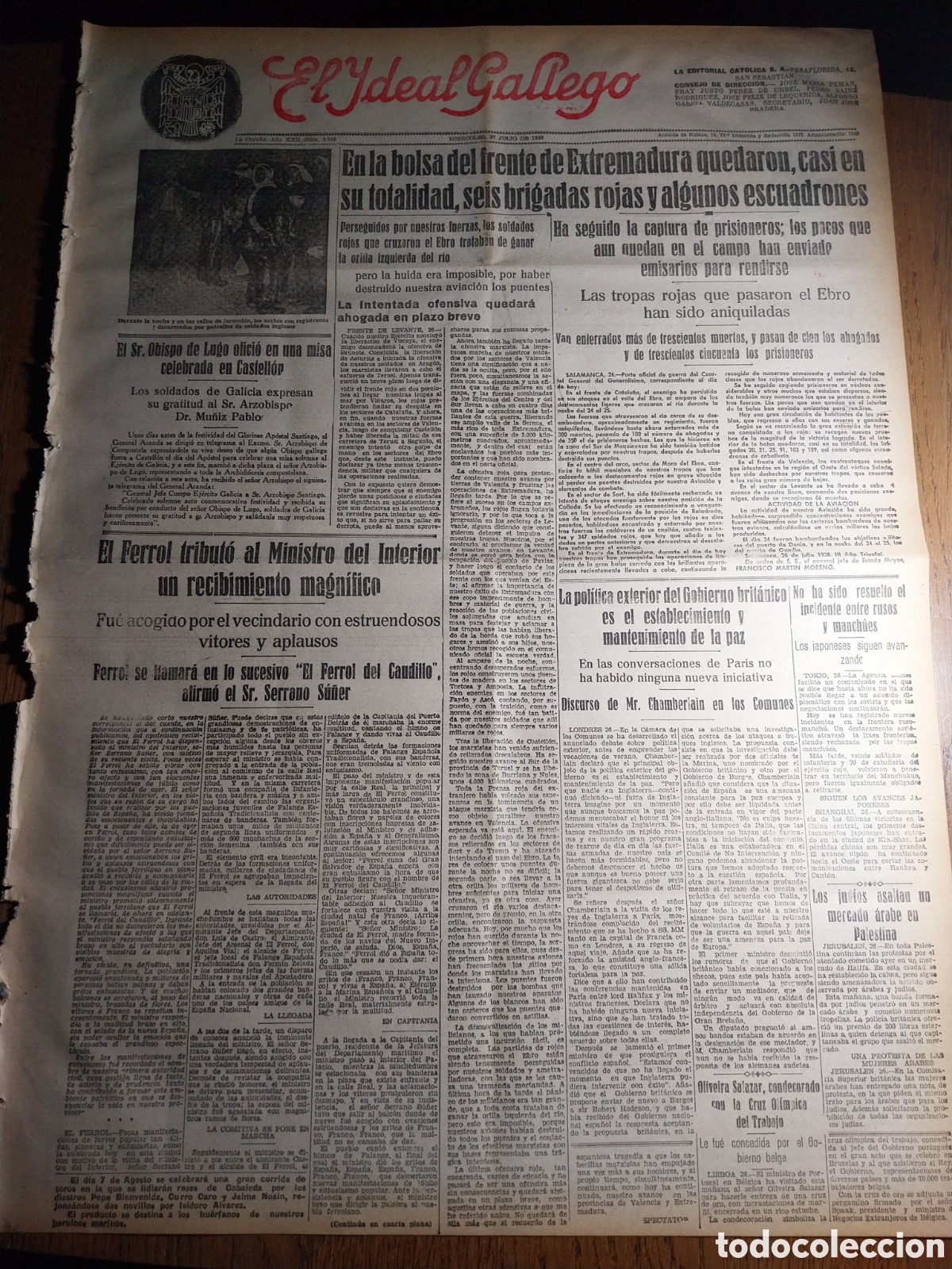Collezionismo di Riviste e Giornali: IDEAL GALLEGO 1938 EN LA BOLSA DEL FRENTE DE EXTREMADURA QUEDARON 6 BRIGADAS ROJAS Y ALGUNOS ESCUADR
