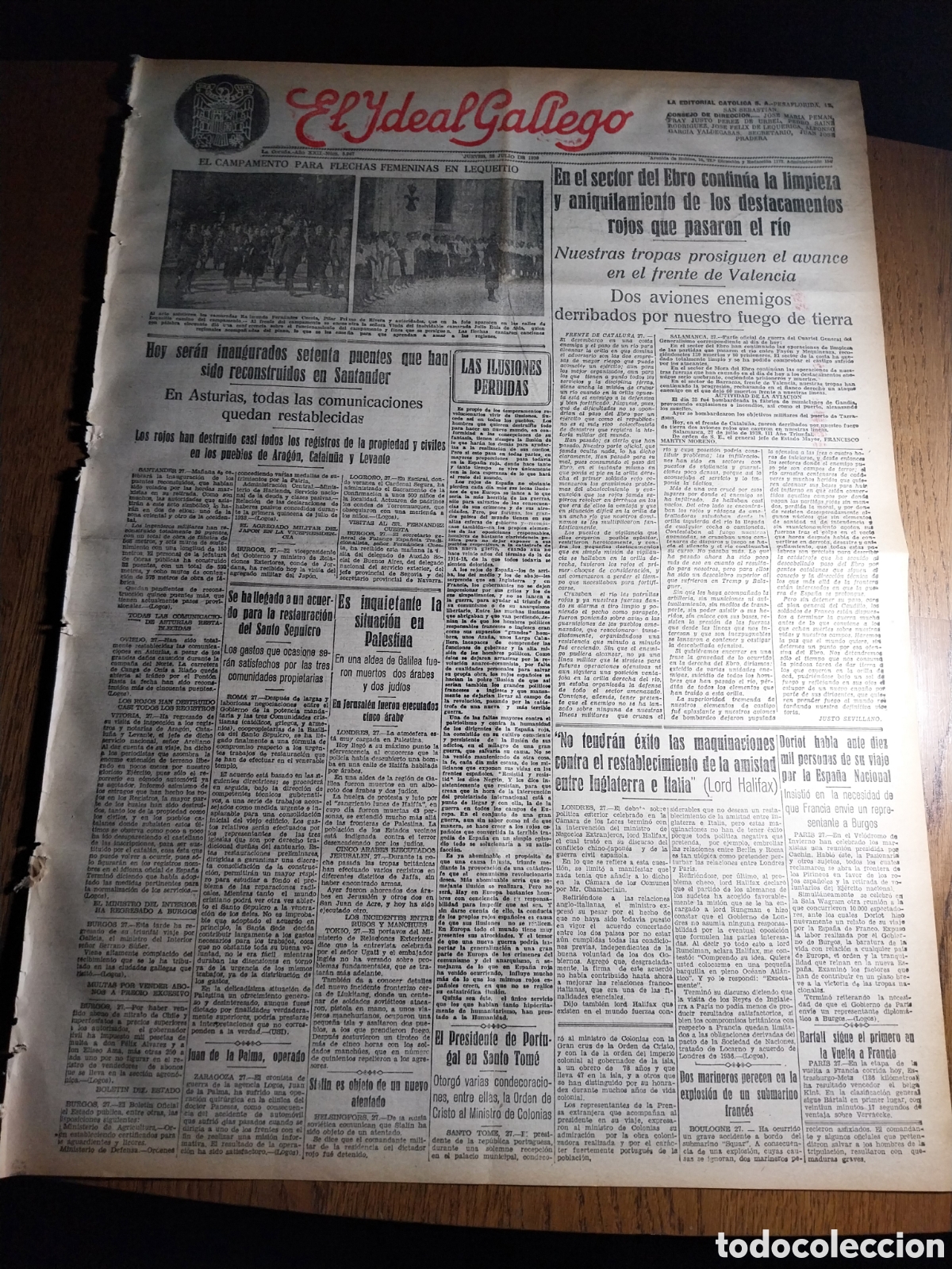 Coleccionismo de revistas y peri&oacute;dicos: IDEAL GALLEGO 1938 EN EL SECTOR DEL EBRO CONTINUA EL ANIQUILAMIENTO DE LOS DESTACAMENTOS ROJOS ....