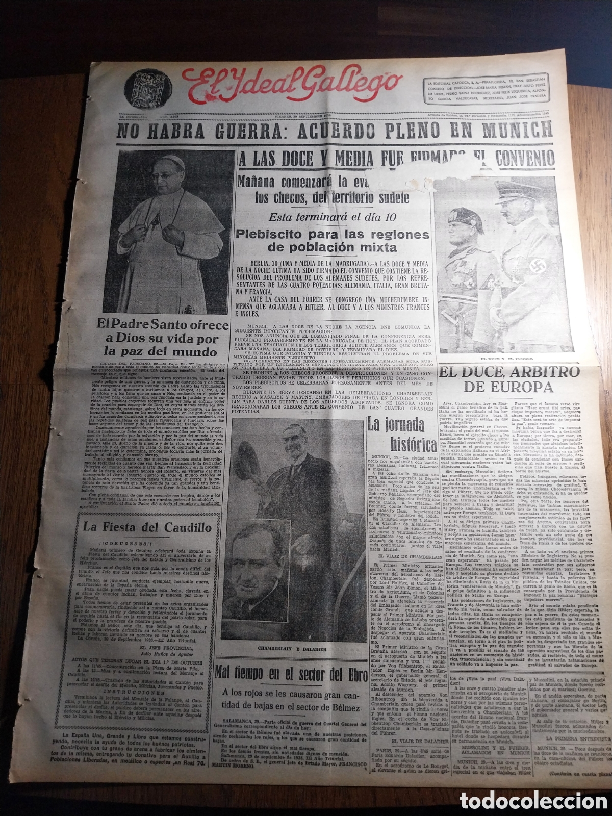 Colecionismo de Revistas e Jornais: IDEAL GALLEGO 1938 NO HABRA GUERRA: ACUERDO PLENO EN MUNICH. BAJAS EN EL SECTOR DEL EBRO