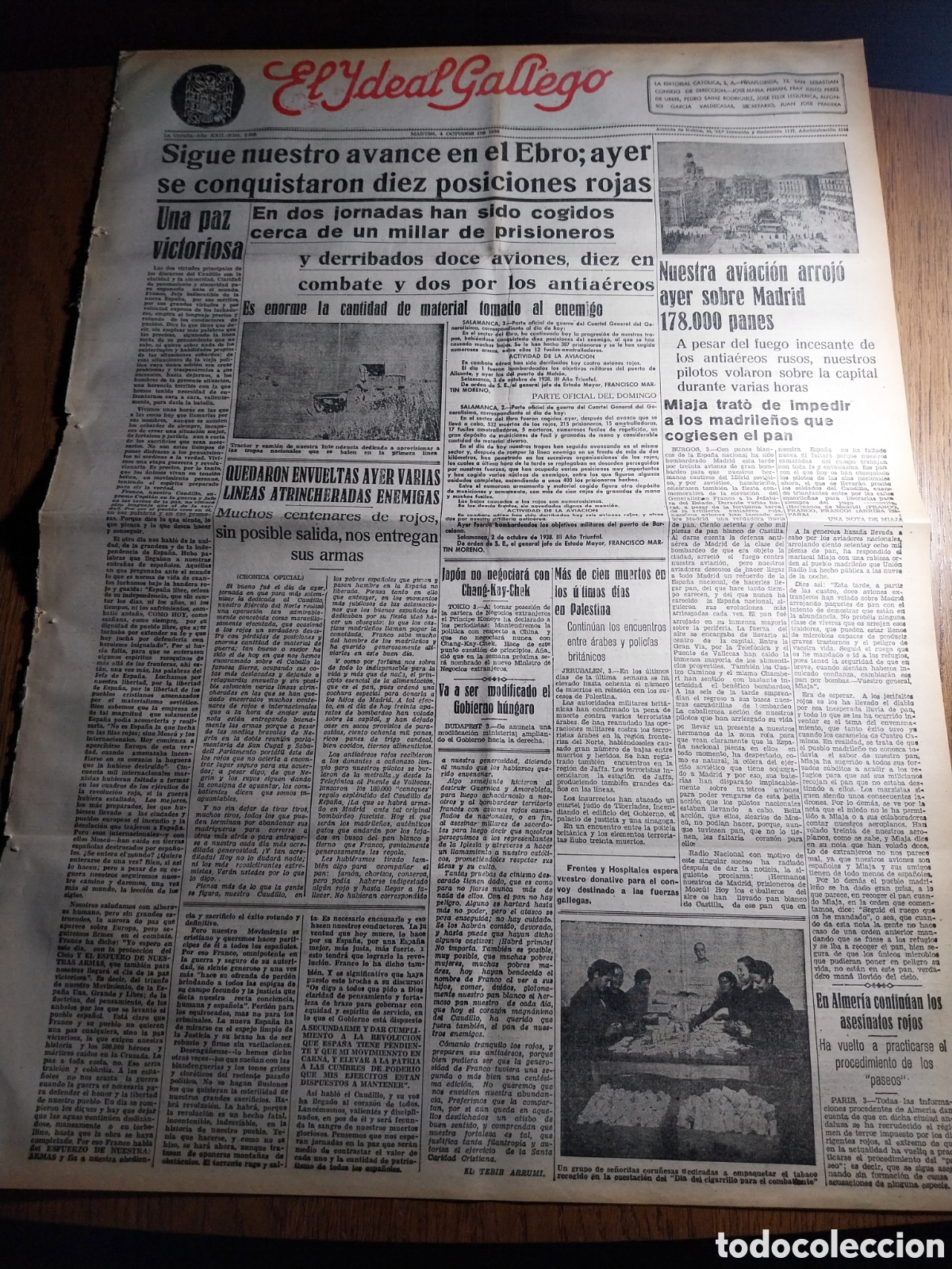 Coleccionismo de revistas y peri&oacute;dicos: IDEAL GALLEGO 1938 ENVUELTAS AYER LINEAS ATRINCHERADAS ENEMIGAS.NUESTRA AVIACION ARROJO 178000 PANES
