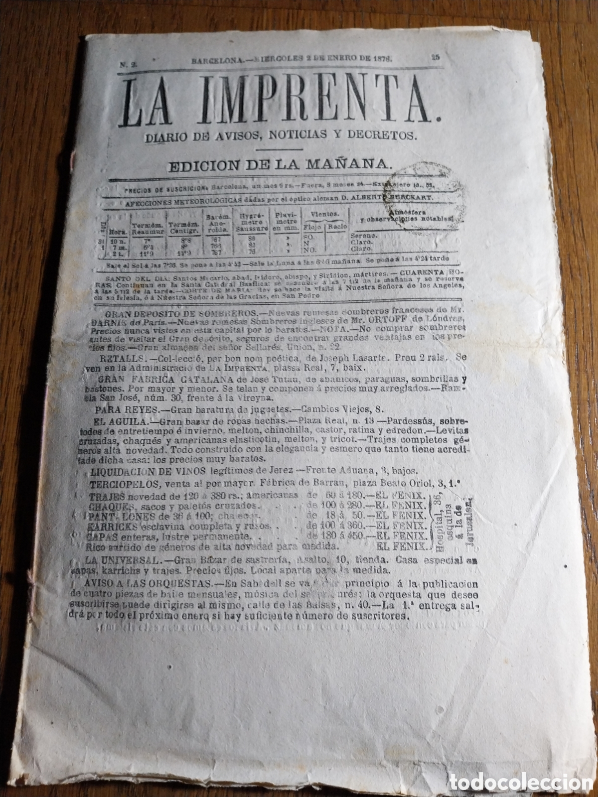 Collectionnisme de Revues et Journaux: LA IMPRENTA 1878 CRONICA DE LA SENTENCIA DE MUERTE A LOS REOS AGUILAR Y MOLLO POR ASESINATO .