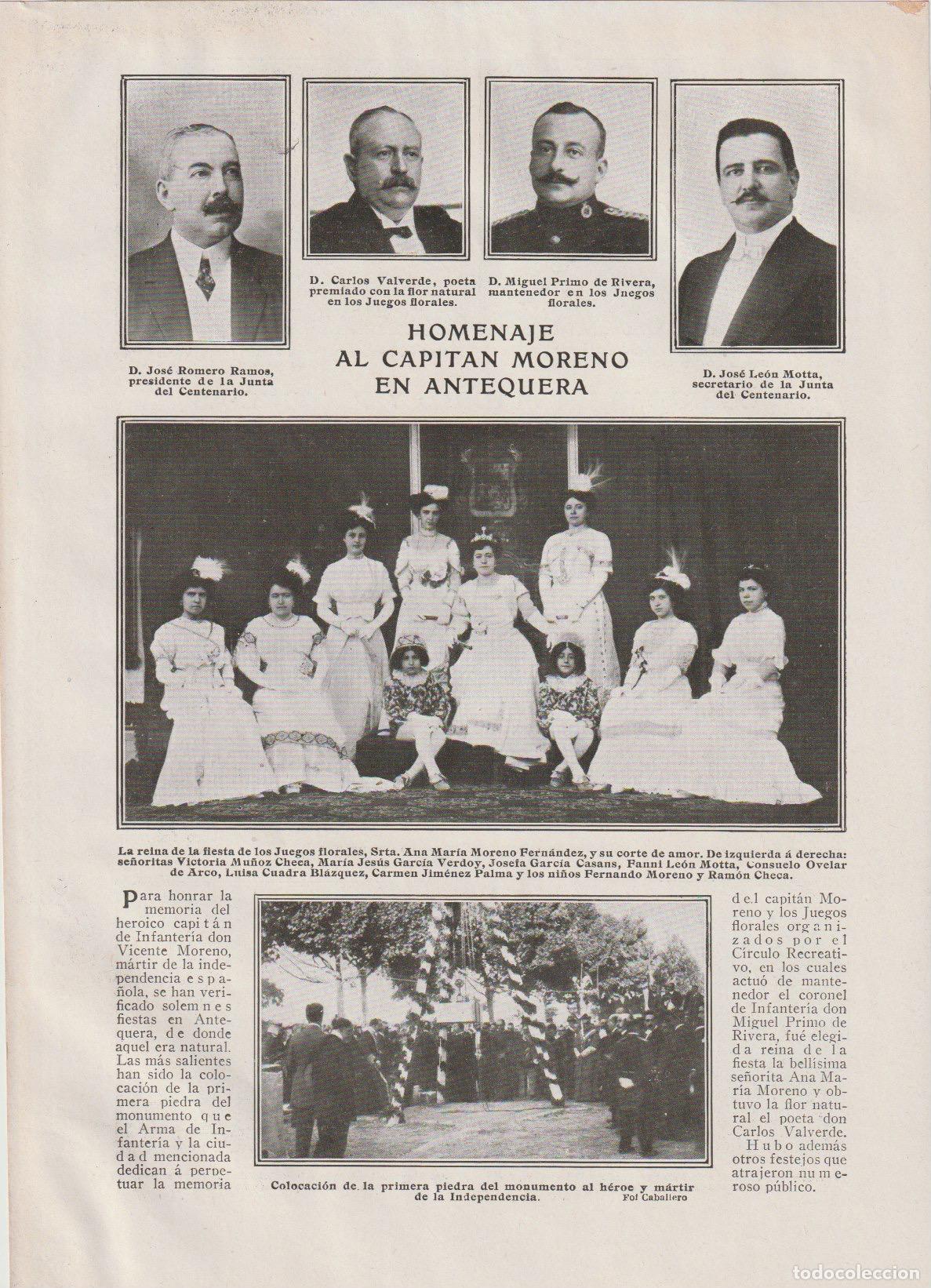 Coleccionismo de Revistas y Peri&oacute;dicos: * ANTEQUERA * Homenaje al capit&aacute;n de infanter&iacute;a D. Vicente Moreno; Juegos Florales - 1910