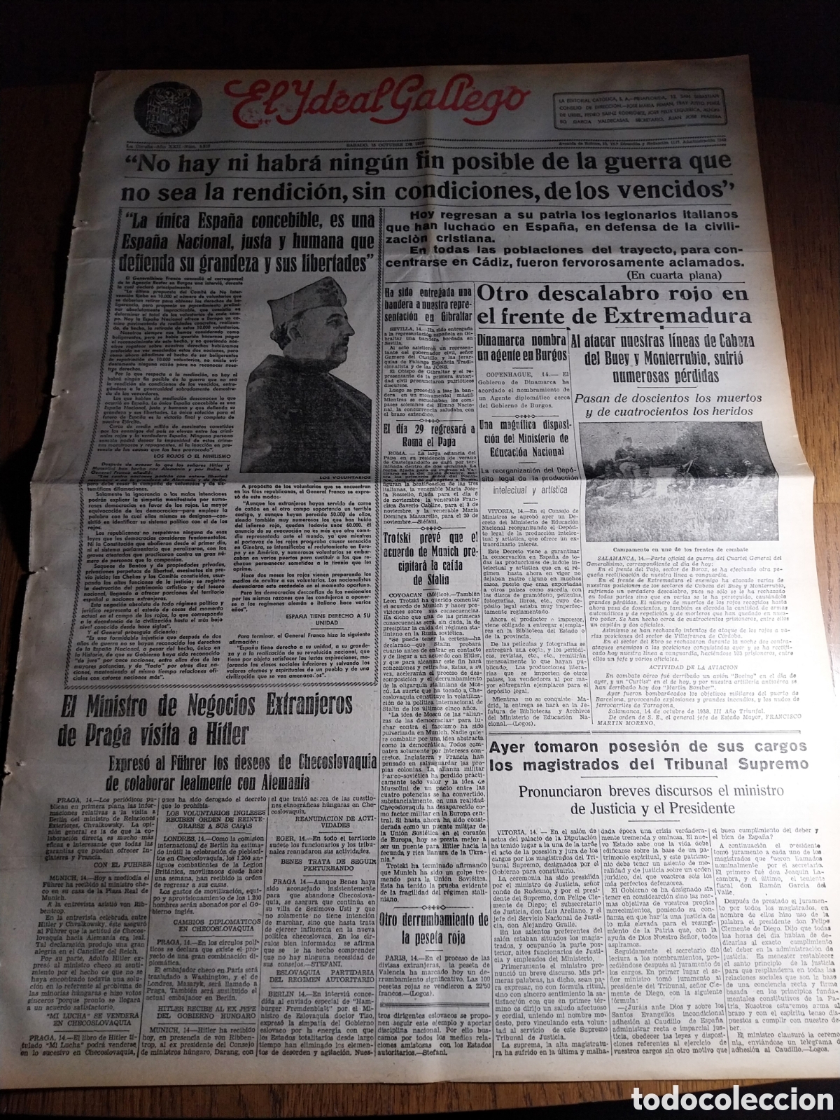 Collection Magazines and Newspapers: IDEAL GALLEGO 1938 NO HAY NI HABR&Aacute; NINGUN FIN POSIBLE DE LA GUERRA QUE NO SEA LA RENDICI&Oacute;N