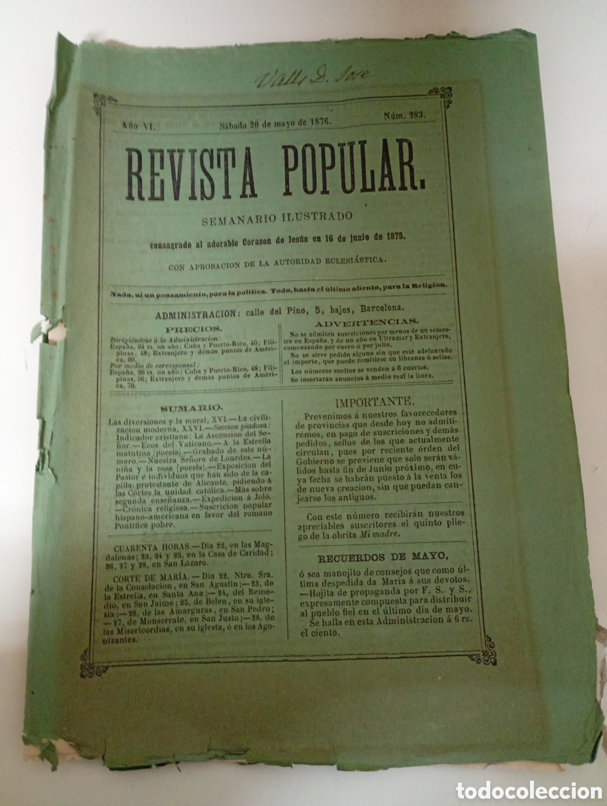 Coleccionismo de Revistas y Peri&oacute;dicos: VINTAGE ''REVISTA POPULAR'' SEMANARIO ILUSTRADO CONSAGRADO AL ADORABLE CORAZ&Oacute;N DE JES&Uacute;S N&ordm;283 1876