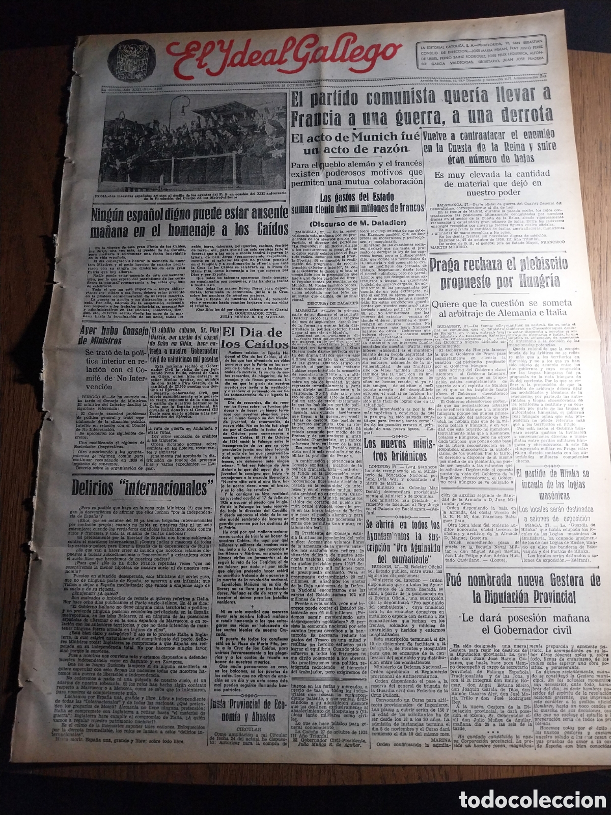Collezionismo di Riviste e Giornali: IDEAL GALLEGO 1938 LOS CABECILLAS ROJOS HAN DADO A LOS MILICIANOS LA CONSIGNA DE GRITAR VIVA ESPA&Ntilde;A