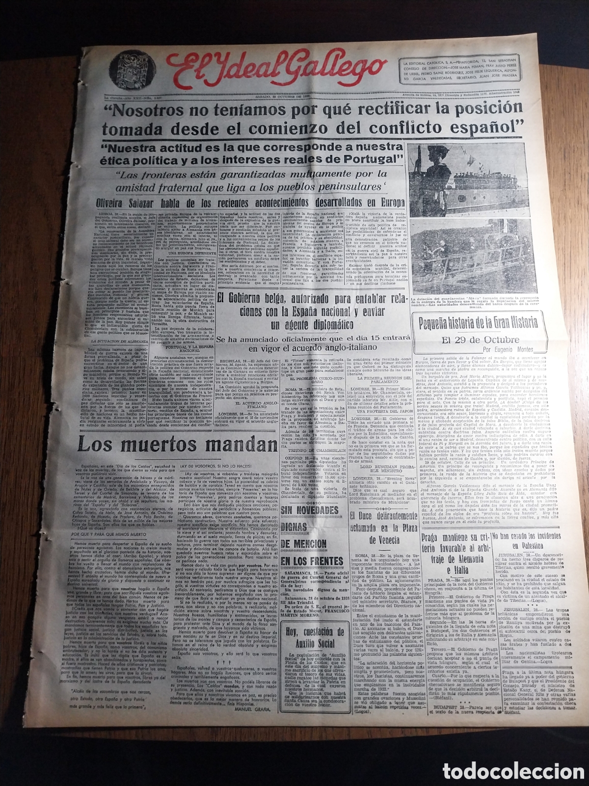 Colecionismo de Revistas e Jornais: IDEAL GALLEGO 1938 OLIVEIRA SALAZAR . JOSE ANTONIO SIMBOLO. GOEBBELS .