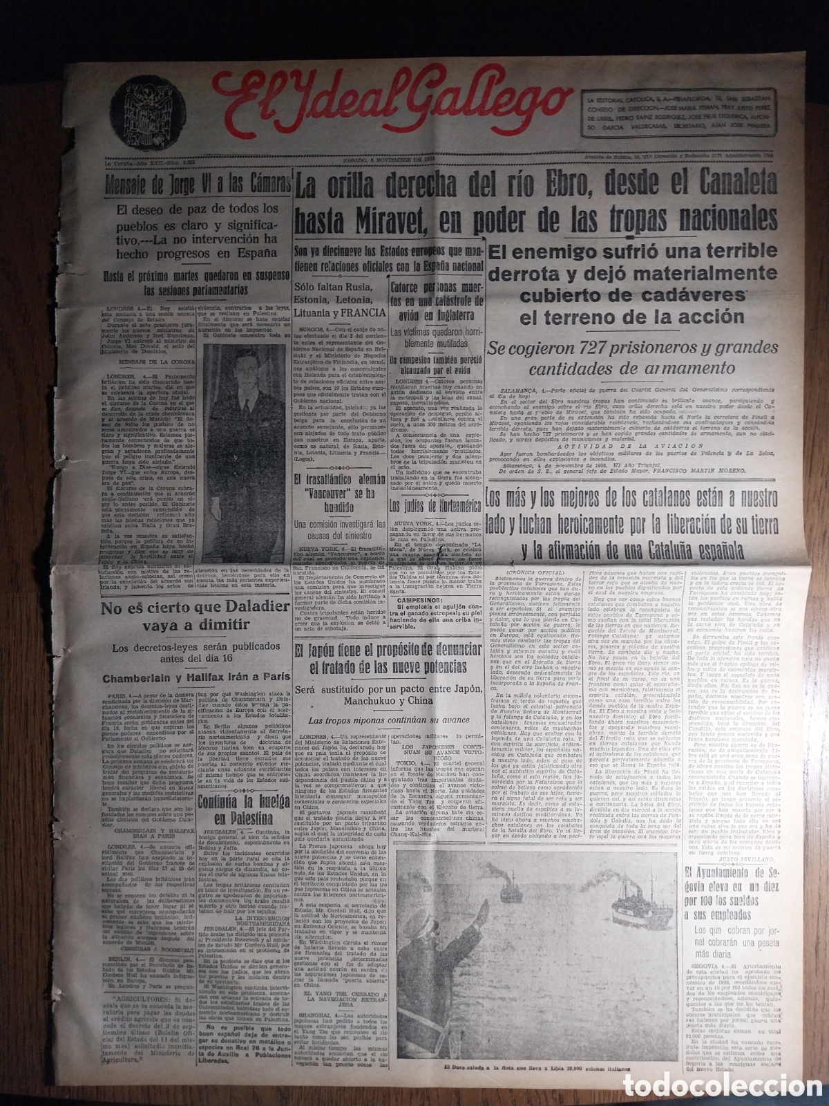 Collezionismo di Riviste e Giornali: IDEAL GALLEGO 1938 LA ORILLA DERECHA DEL EBRO DESDE EL CANALETA HASTA MIRAVET EN PODER