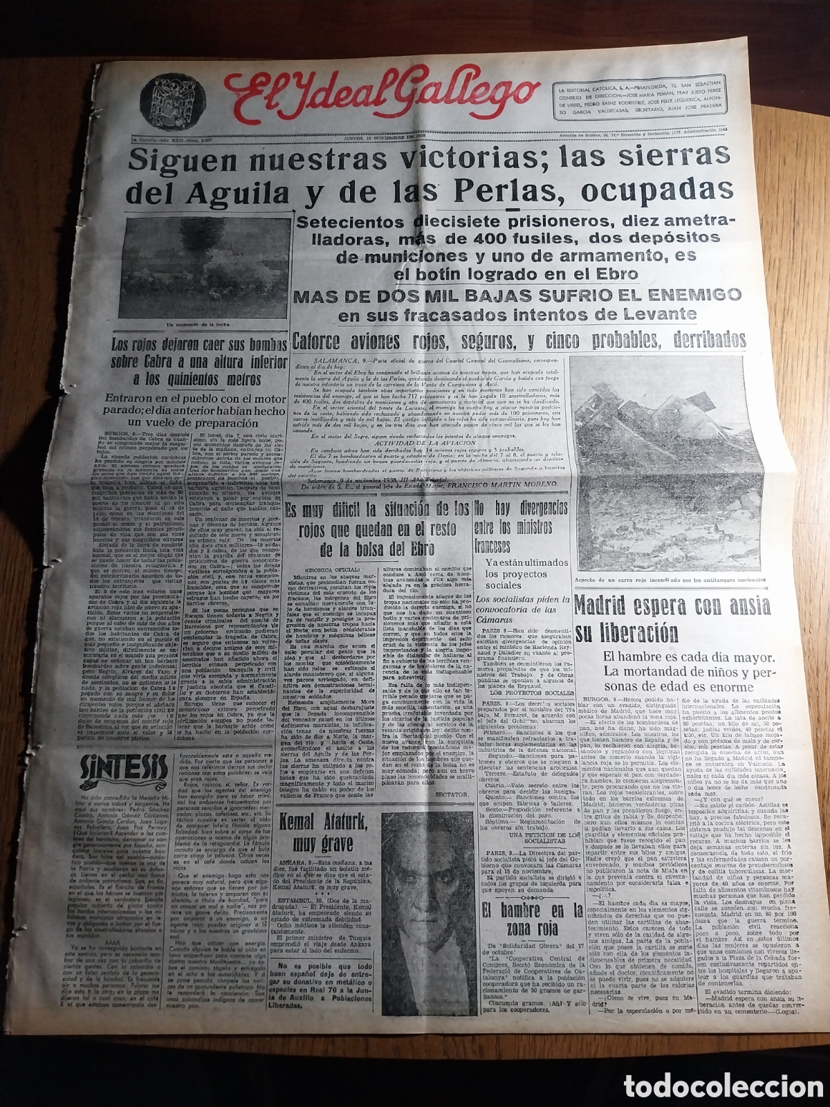 Collezionismo di Riviste e Giornali: IDEAL GALLEGO 1938 LAS SIERRAS DEL AGUILA Y DE LAS PERLAS , OCUPADAS. MADRID ESPERA CON ANSIA SU LIB
