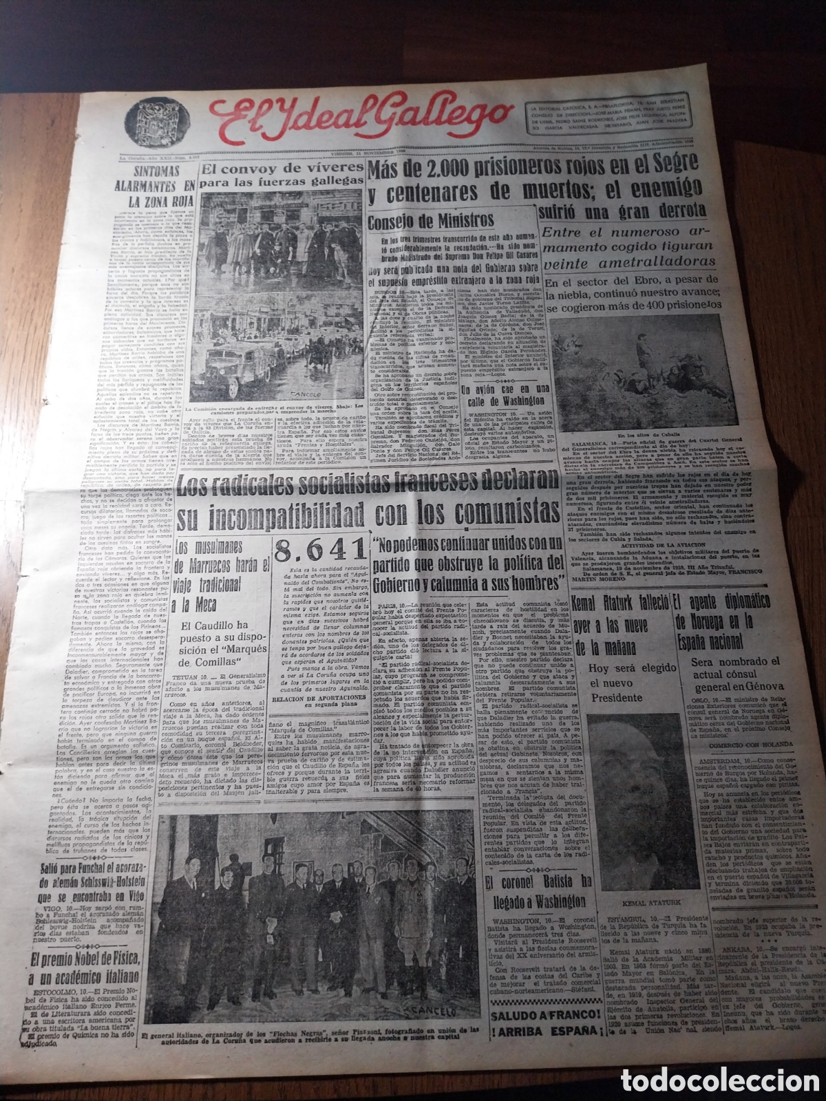 Colecionismo de Revistas e Jornais: IDEAL GALLEGO 1938 MAS DE 2000 PRISIONEROS EN EL SEGRE Y CENTENARES DE MUERTOS; EL ENEMIGO SUFRIO UN