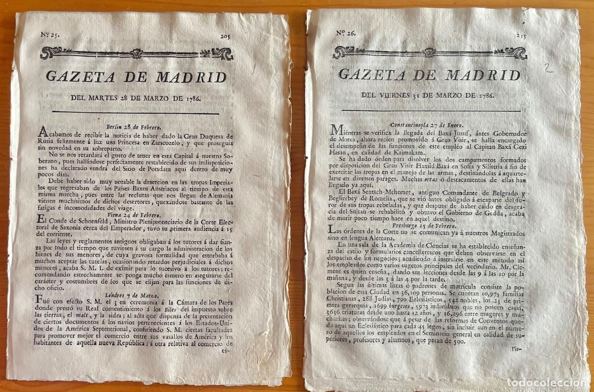 Collezionismo di Riviste e Giornali: SEGOVIA- CORU&Ntilde;A - PALENCIA- BAZA- GACETA- GAZETA MADRID- DOS NUMEROS- 1786