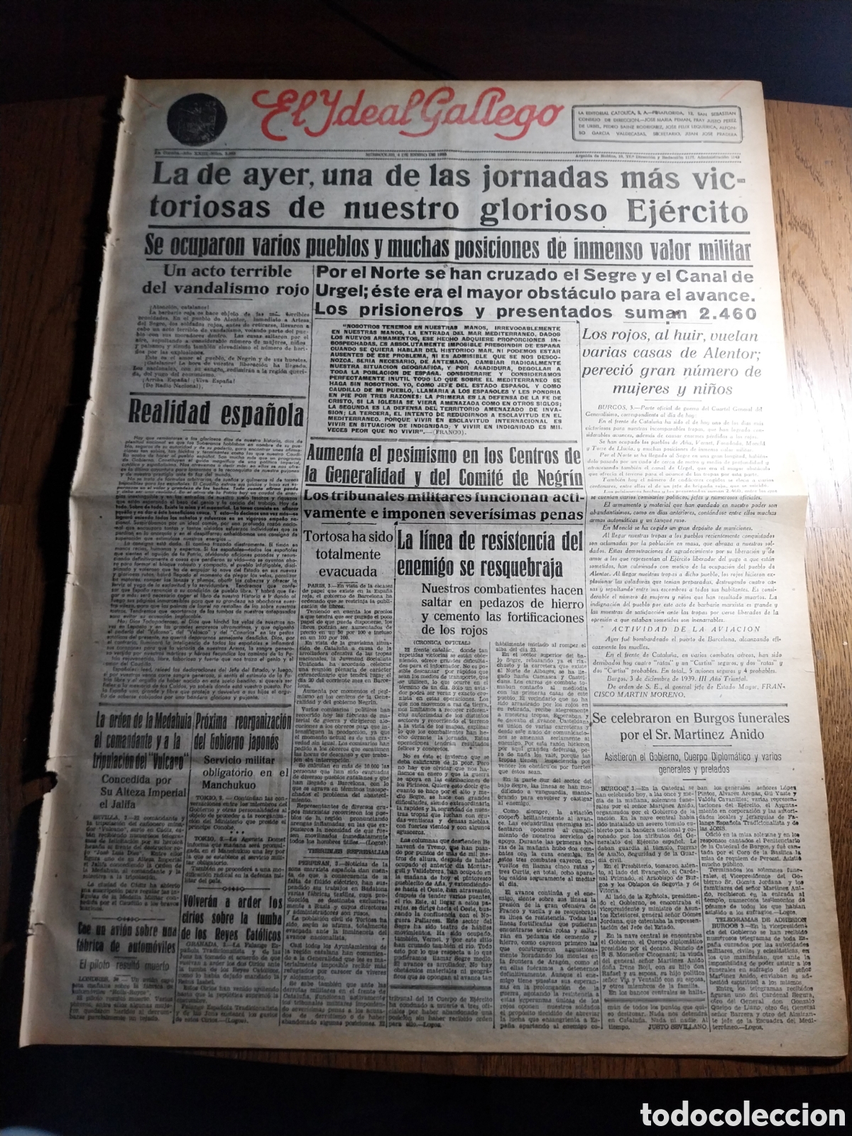 Sammeln von Zeitschriften und Zeitungen: IDEAL GALLEGO 1939 SE HAN CRUZADO EL SEGRE Y EL CANAL DE URGEL. CASAS VOLADAS EN ALENTOR