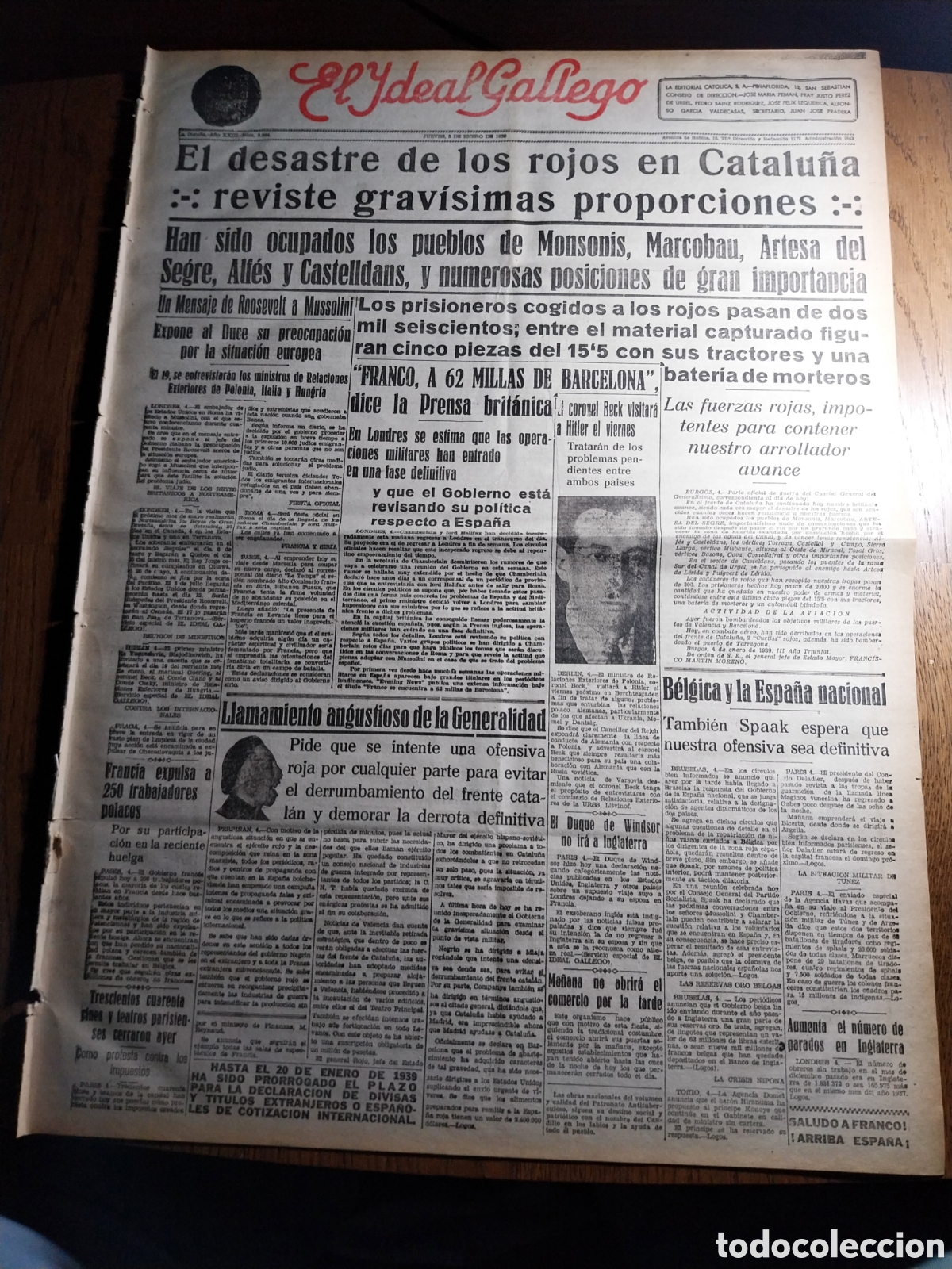 Sammeln von Zeitschriften und Zeitungen: IDEAL GALLEGO 1939 OCUPADOS MONSONIS MARCOBAU ARTESA DEL SEGRE ALFES Y CASTELLDANS.EL CAMPESINO