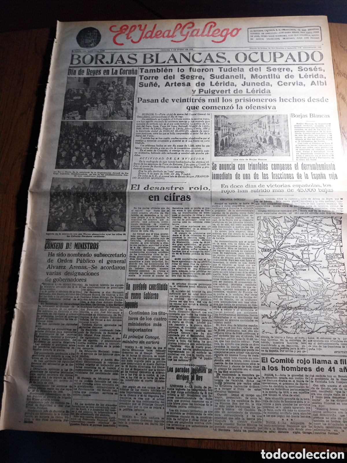 Sammeln von Zeitschriften und Zeitungen: IDEAL GALLEGO 1939 BORJAS BLANCAS OCUPADO TAMBIEN SOSES SUSANELL JUNEDA CERVIA ALBI Y PUIGVERT D LER