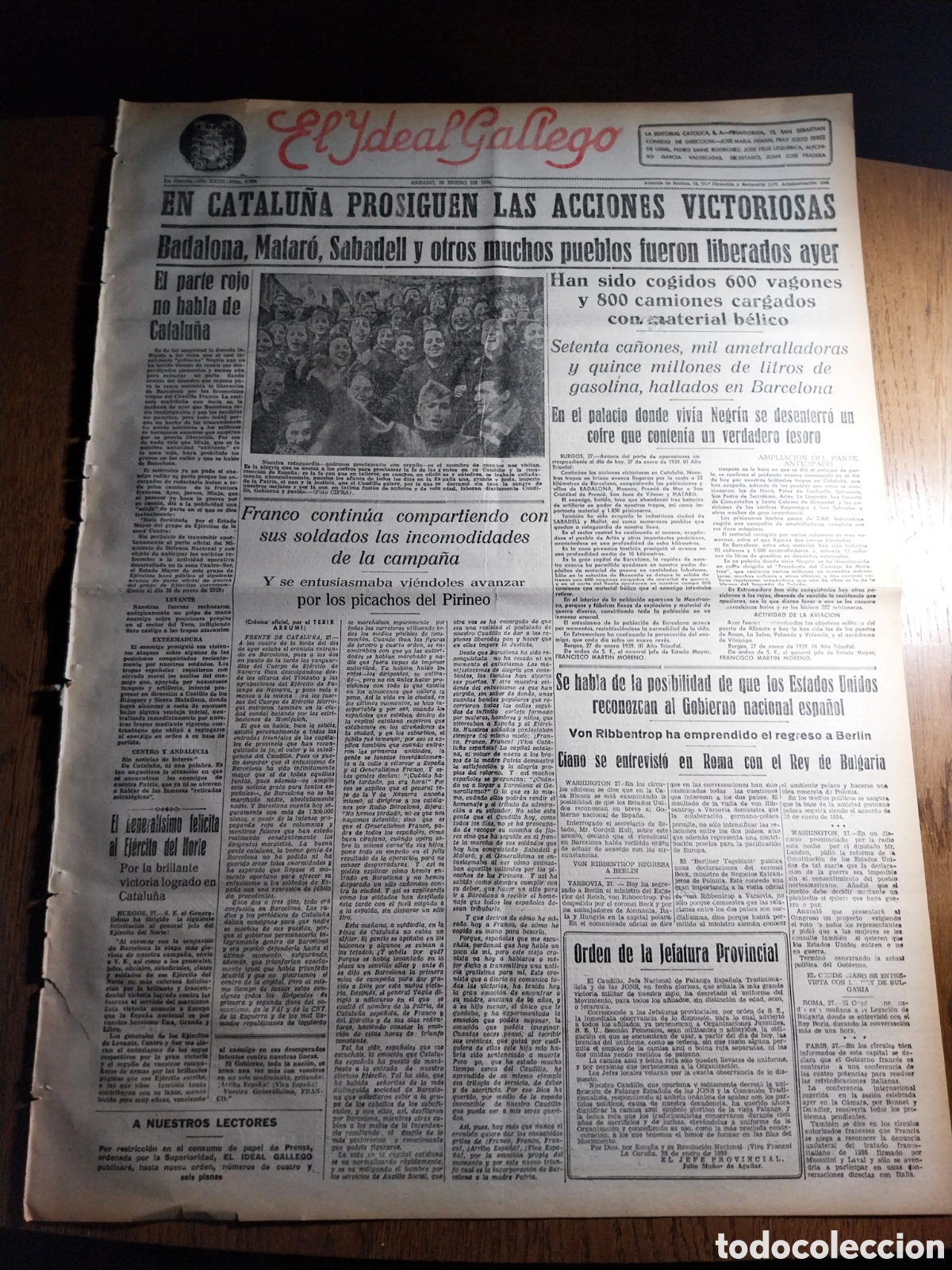 Sammeln von Zeitschriften und Zeitungen: IDEAL GALLEGO 1939 BADALONA MATARO SABADELL LIBERADOS AYER.TESORO ENCONTRADO EN EL PALACIO DE NEGRIN