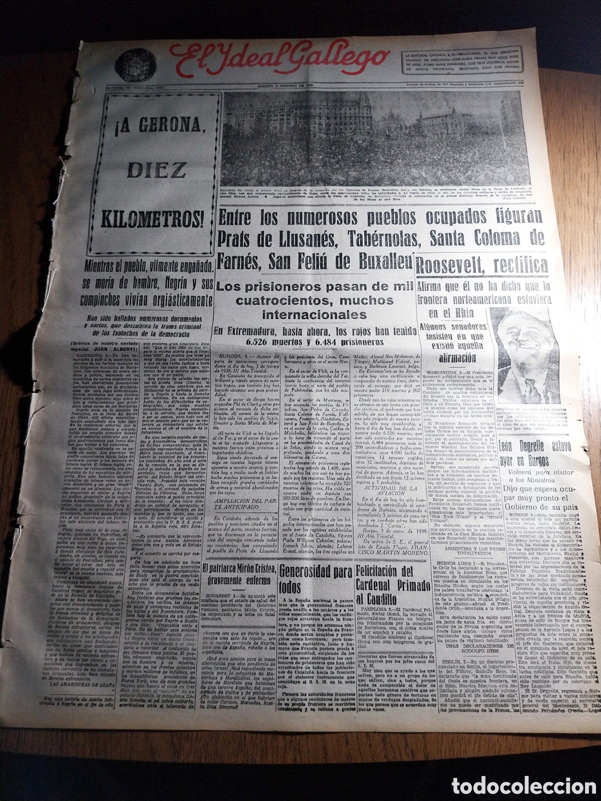 Colecionismo de Revistas e Jornais: IDEAL GALLEGO 1939 PRATS DE LLUSANES TABERNOLAS SANTA COLOMA FARNES SAN FELIU BUXALLEU OCUPADOS.