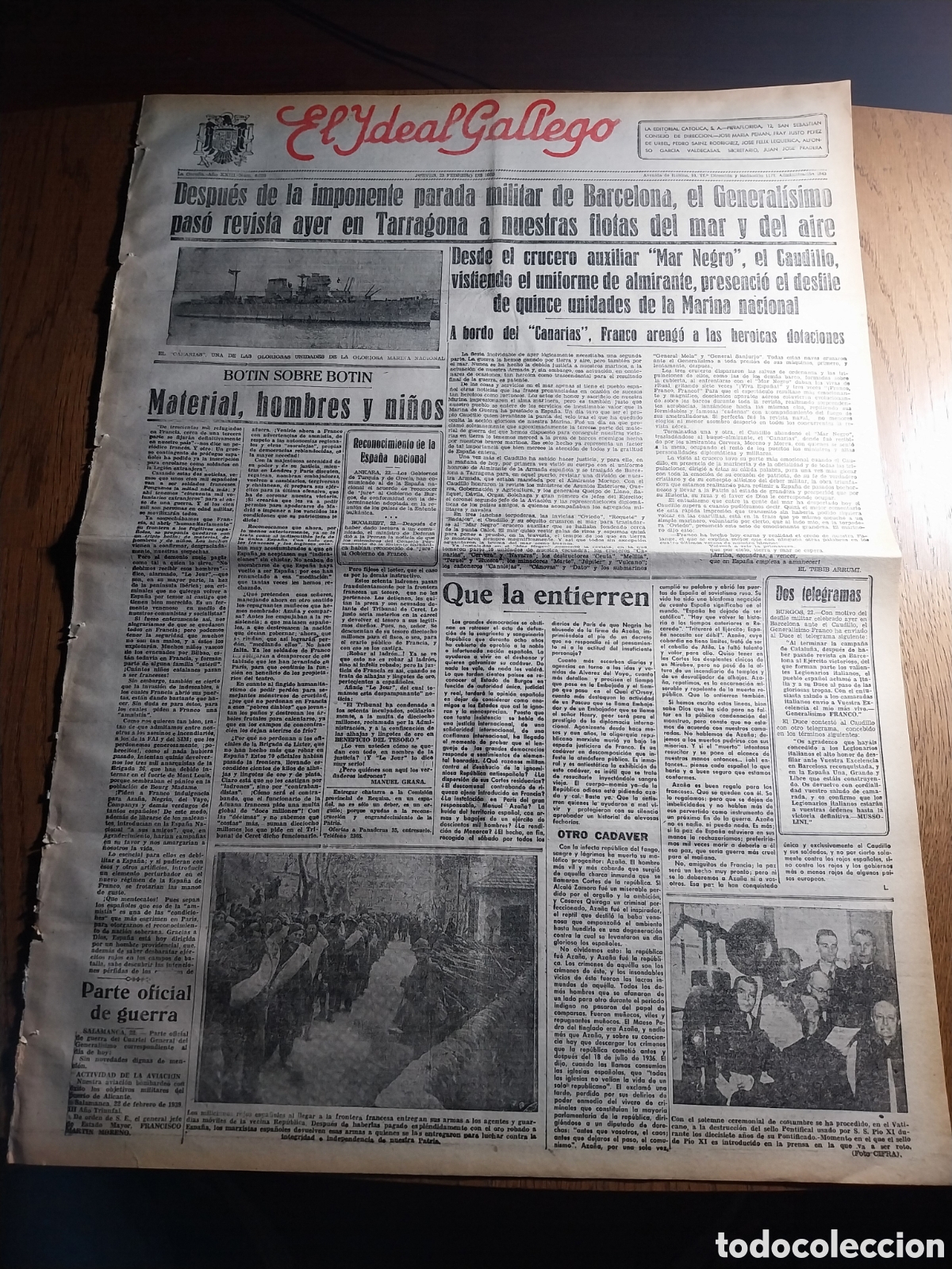 Colecionismo de Revistas e Jornais: IDEAL GALLEGO 1939 EL GENERALISIMO PASO REVISTA AYER EN TARRAGONA A NUESTRAS FLOTAS DEL MAR Y AIRE