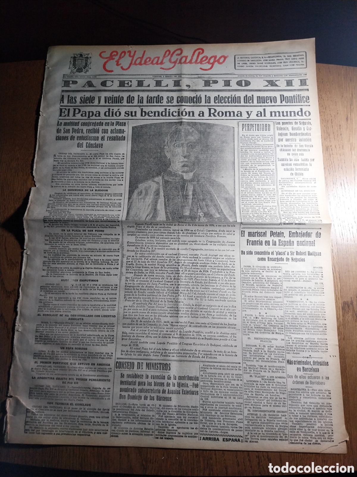 Colecionismo de Revistas e Jornais: IDEAL GALLEGO 1939 PACELLI , PIO XII.LOS PUERTOS DE SAGUNTO VALENCIA GANDIA Y CARTAGENA BOMBARDEADOS