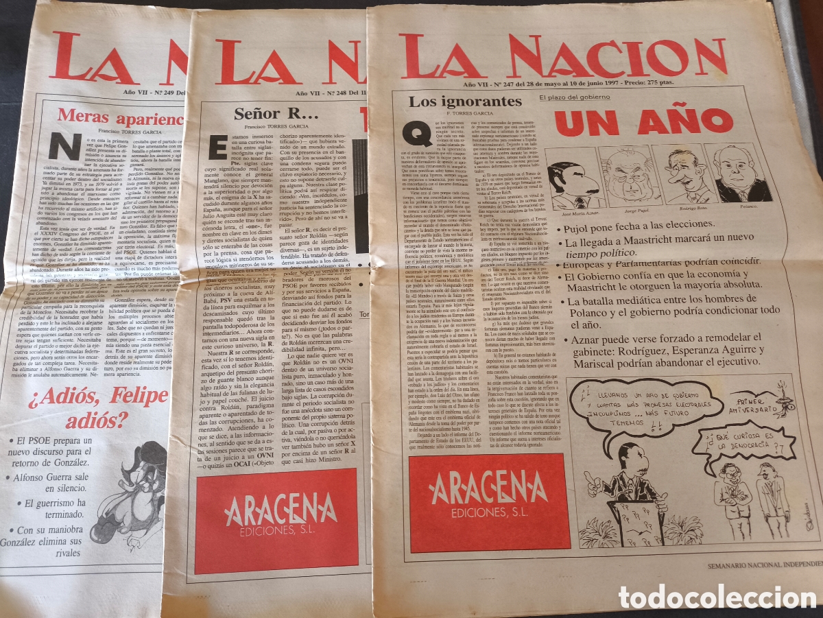 Coleccionismo de Revistas y Peri&oacute;dicos: Lote 3 Peri&oacute;dicos Semanario LA NACI&Oacute;N (1997) - Cr&iacute;tica Pol&iacute;tica, Aznar y Felipe Gonz&aacute;lez