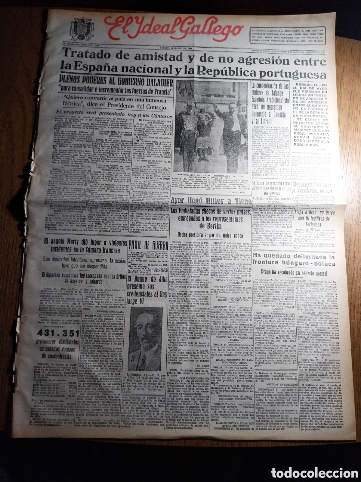 Collezionismo di Riviste e Giornali: IDEAL GALLEGO 1939 TRATADO DE AMISTAD Y NO AGRESI&Oacute;N ENTRE ESPA&Ntilde;A NACIONAL Y LA REP&Uacute;BLICA PORTUGUESA