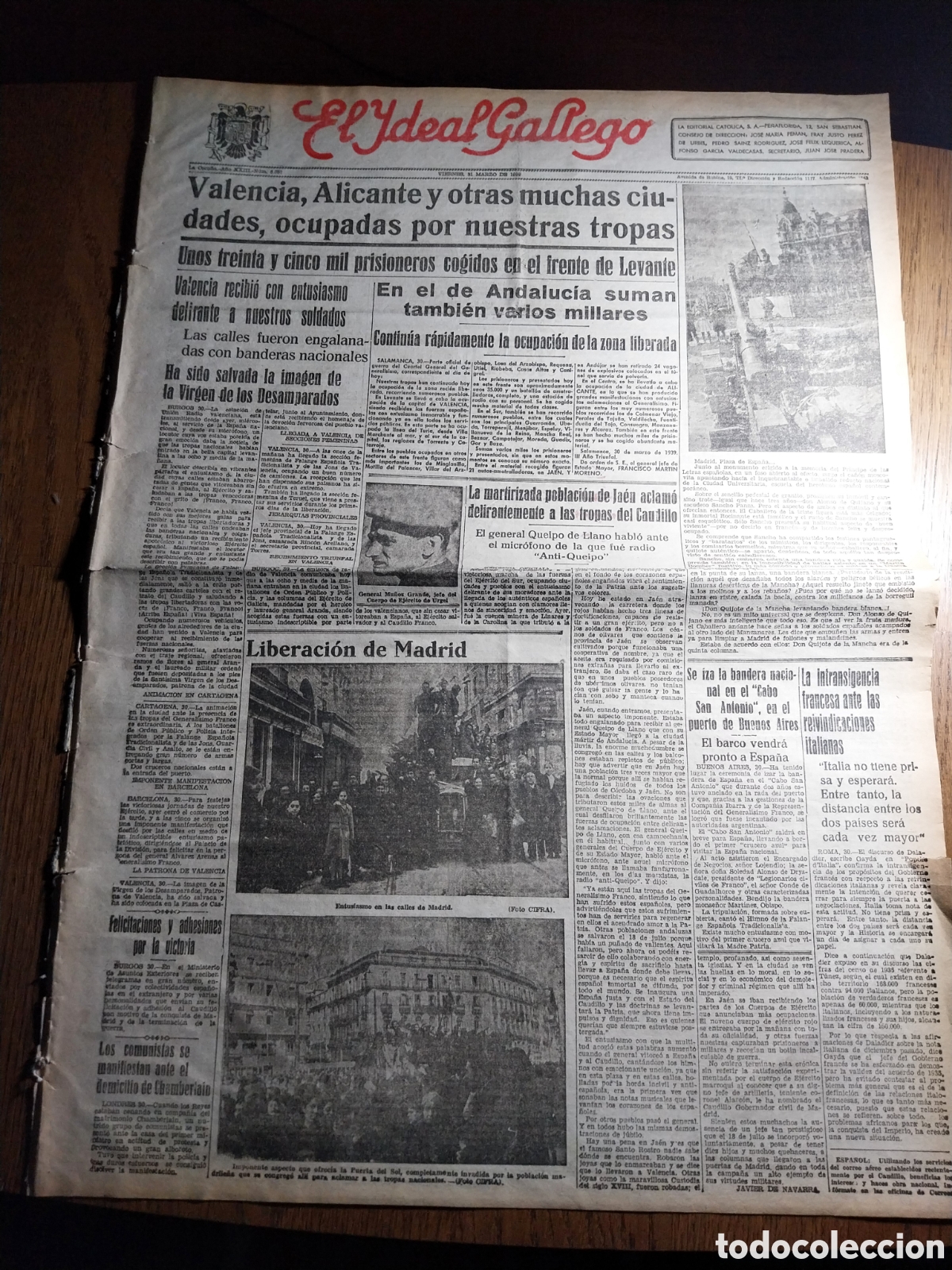 Collezionismo di Riviste e Giornali: IDEAL GALLEGO 1939 VALENCIA ALICANTE Y OTRAS MUCHAS CIUDADES OCUPADAS POR NUESTRAS TROPAS