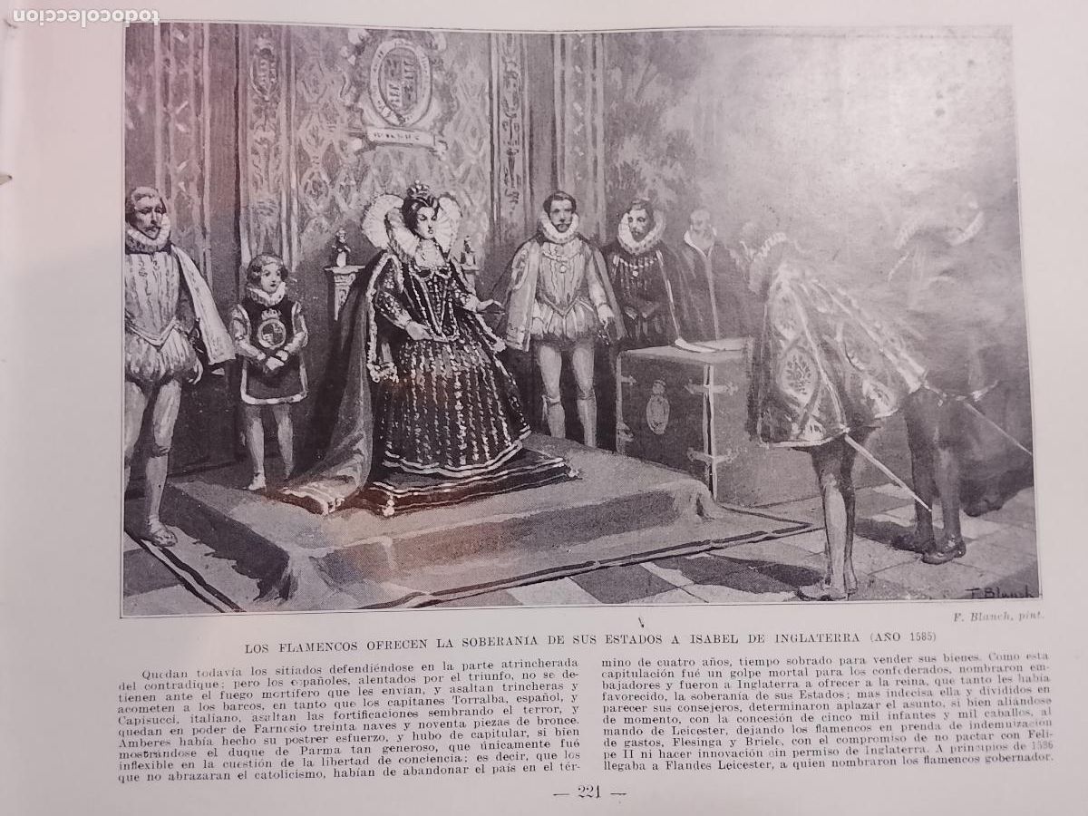 Colecionismo de Revistas e Jornais: hoja libro 1909 - REPRESENTACION DE : LOS FLAMENCOS OFRECEN SOBERANIA A ISABEL DE INGLATERRA 1585