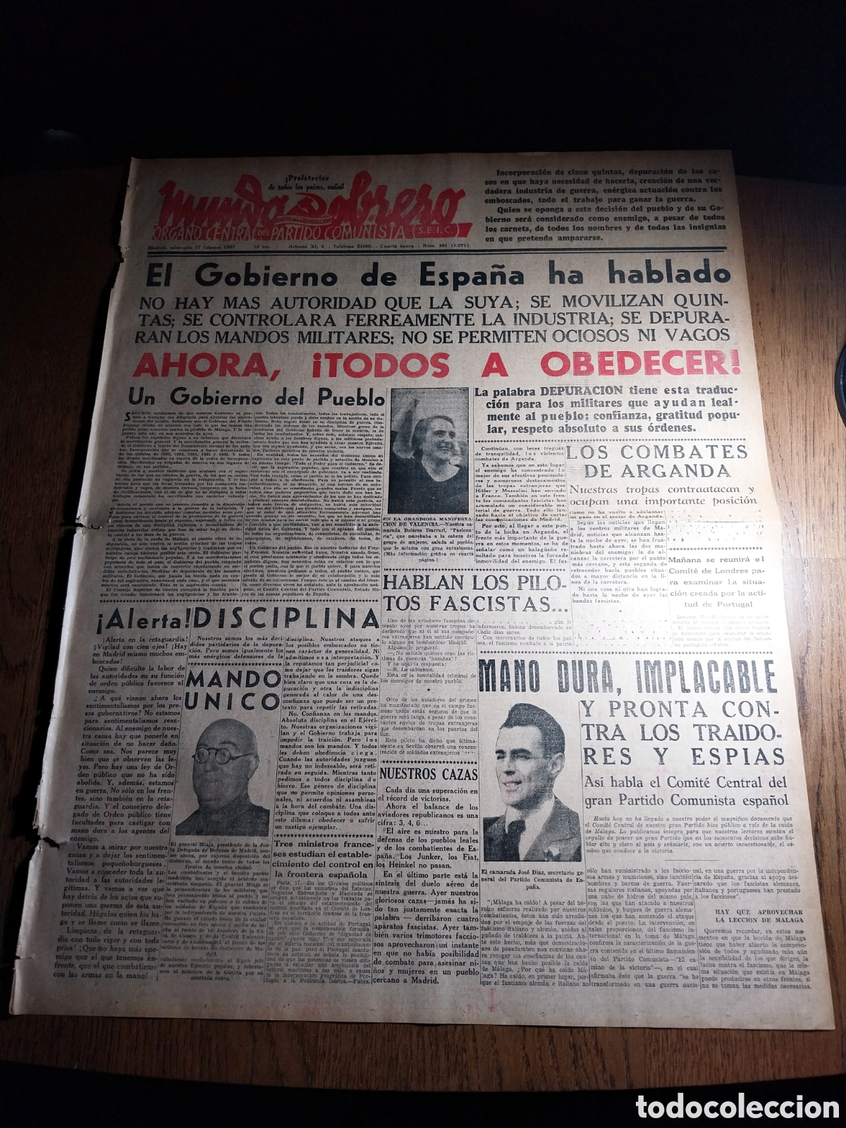 Coleccionismo de Revistas y Peri&oacute;dicos: MUNDO OBRERO 1937 MANDO &Uacute;NICO DEL GRAL MIAJA. LA GRANDIOSA MANIFESTACION DE VALENCIA