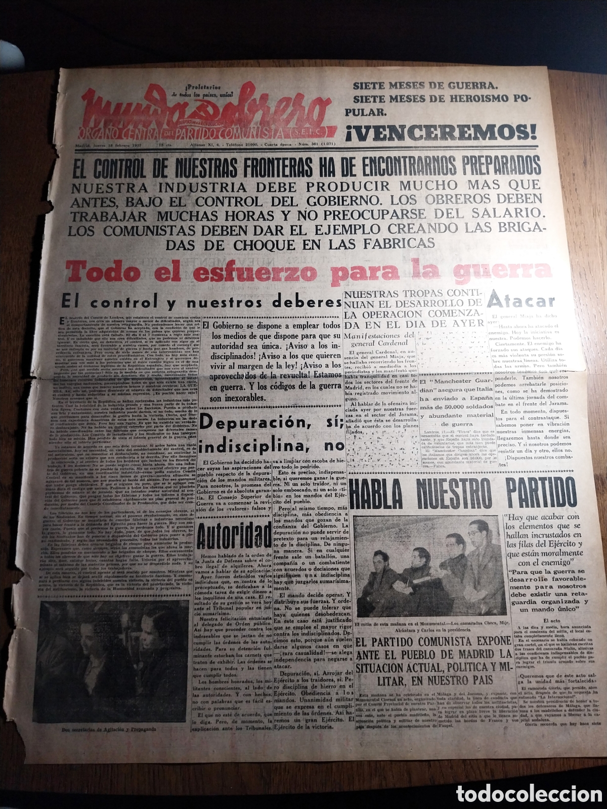 Sammeln von Zeitschriften und Zeitungen: MUNDO OBRERO 1937 CARABANCHEL.700 METROS Y 5 CASAS. LOS HOMBRES DE SEGOVIA Y EL MORO QUE HABLO ANTE
