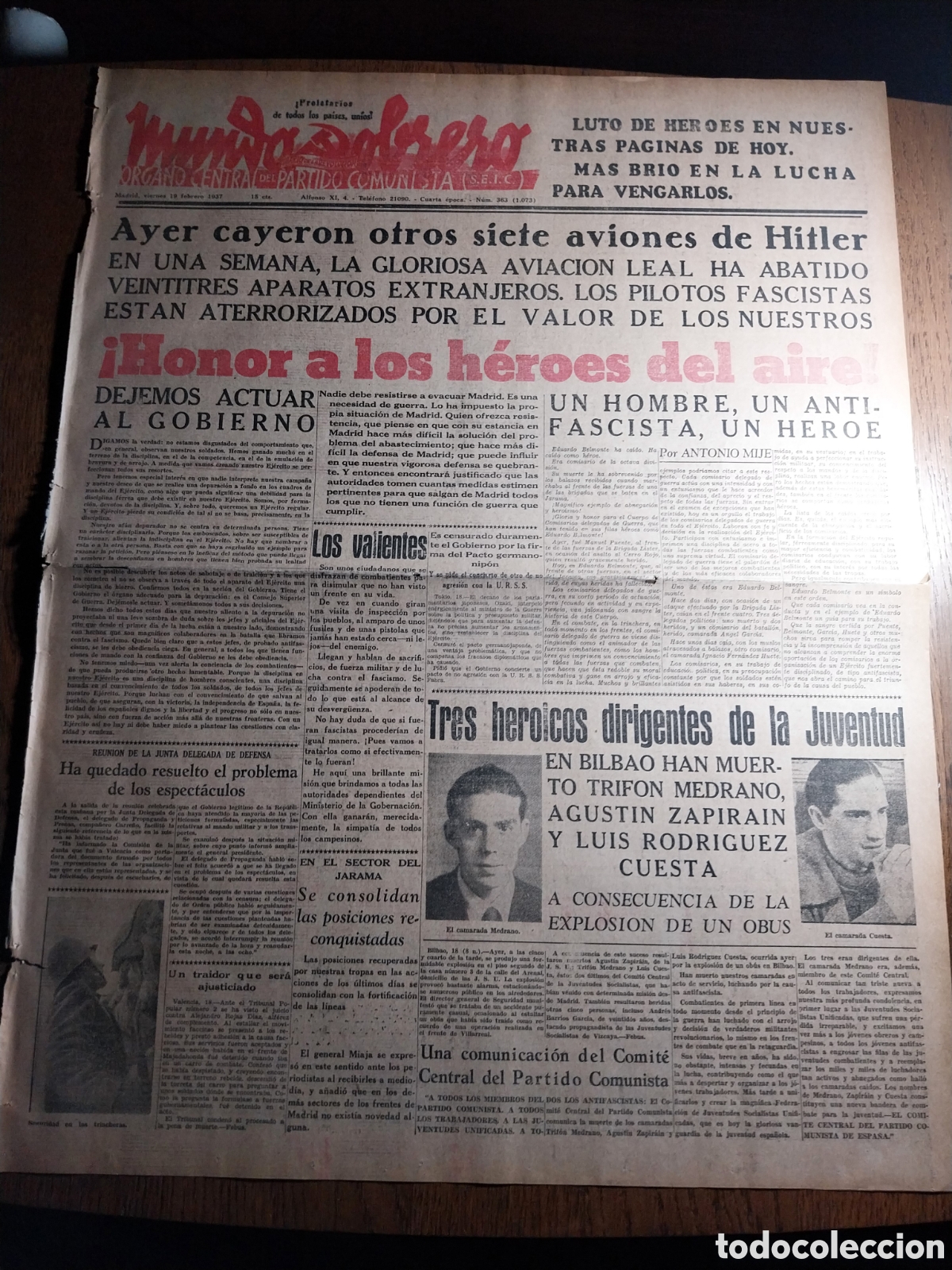 Sammeln von Zeitschriften und Zeitungen: MUNDO OBRERO 1937 DIRIGENTES MUERTOS EN BILBAO TRIFON MEDRANO AGUSTIN ZAPIRAIN .BOMBARDEO DE ANDUJAR