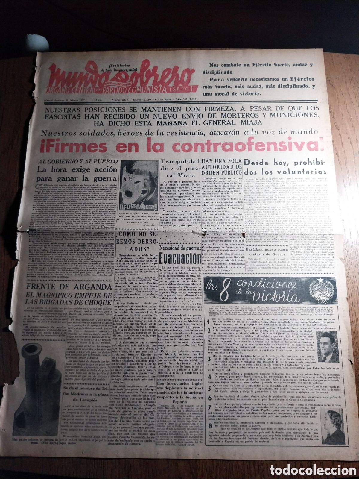 Coleccionismo de Revistas y Peri&oacute;dicos: MUNDO OBRERO 1937 FRENTE DE ARGANDA. COMBATES EN SIERRA MORENA. DE SEVILLA A ARGANDA