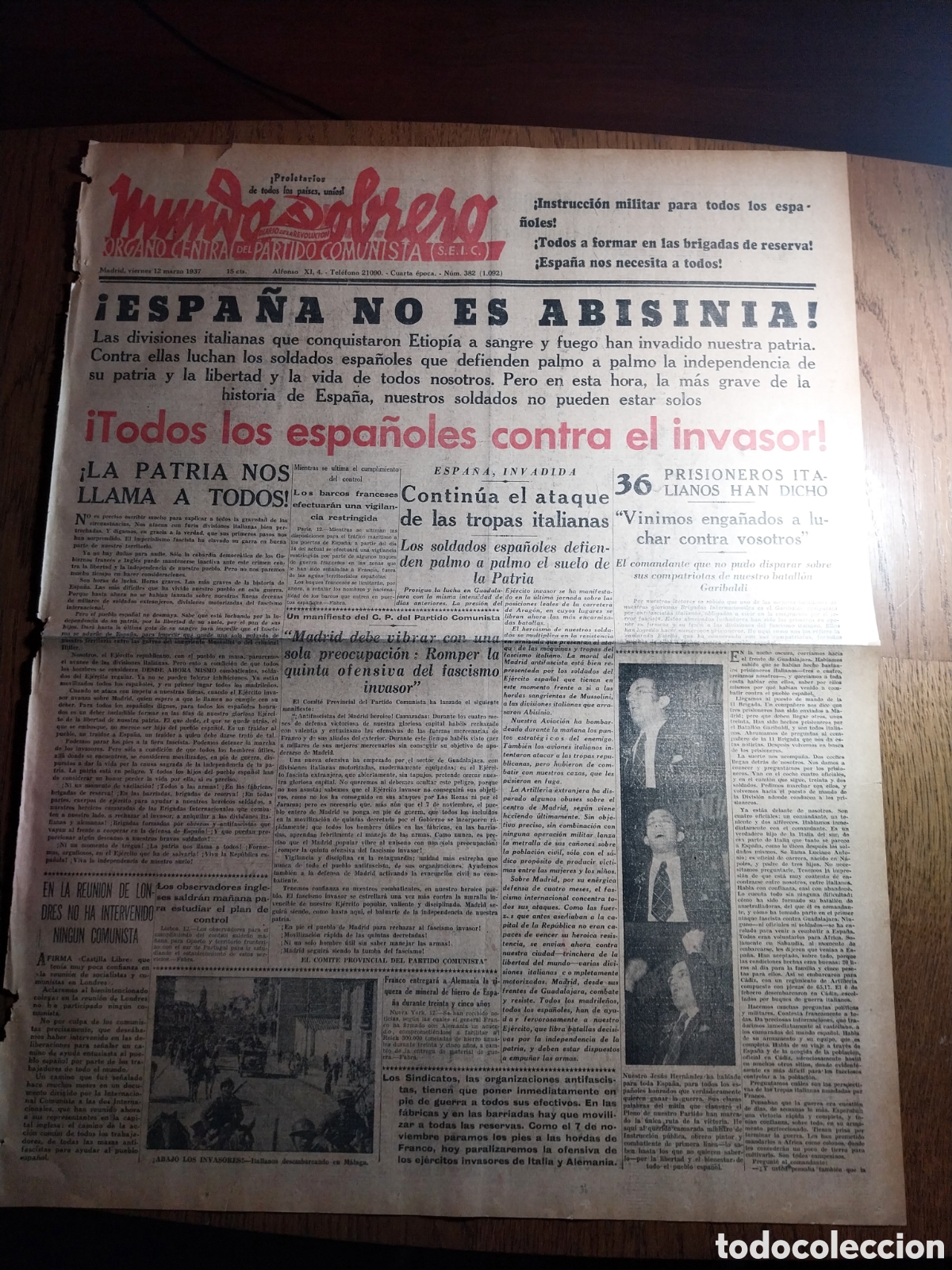 Collection Magazines and Newspapers: MUNDO OBRERO 1937 CONTINUA EL ATAQUE DE LAS TROPAS ITALIANAS EN GUADALAJARA. &iexcl;ESPA&Ntilde;A NO ES ABISINIA&iexcl;