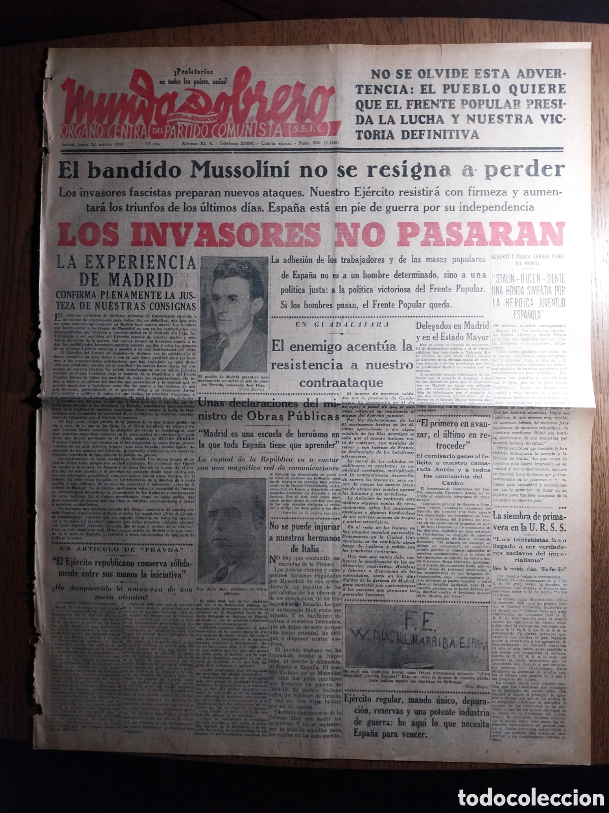 Collection Magazines and Newspapers: MUNDO OBRERO 1937 COSACOS DEL DON. COMANDANTE PABLO GARCIA - ASENJO.MITIN DEL P.C EN EL MONUMENTAL