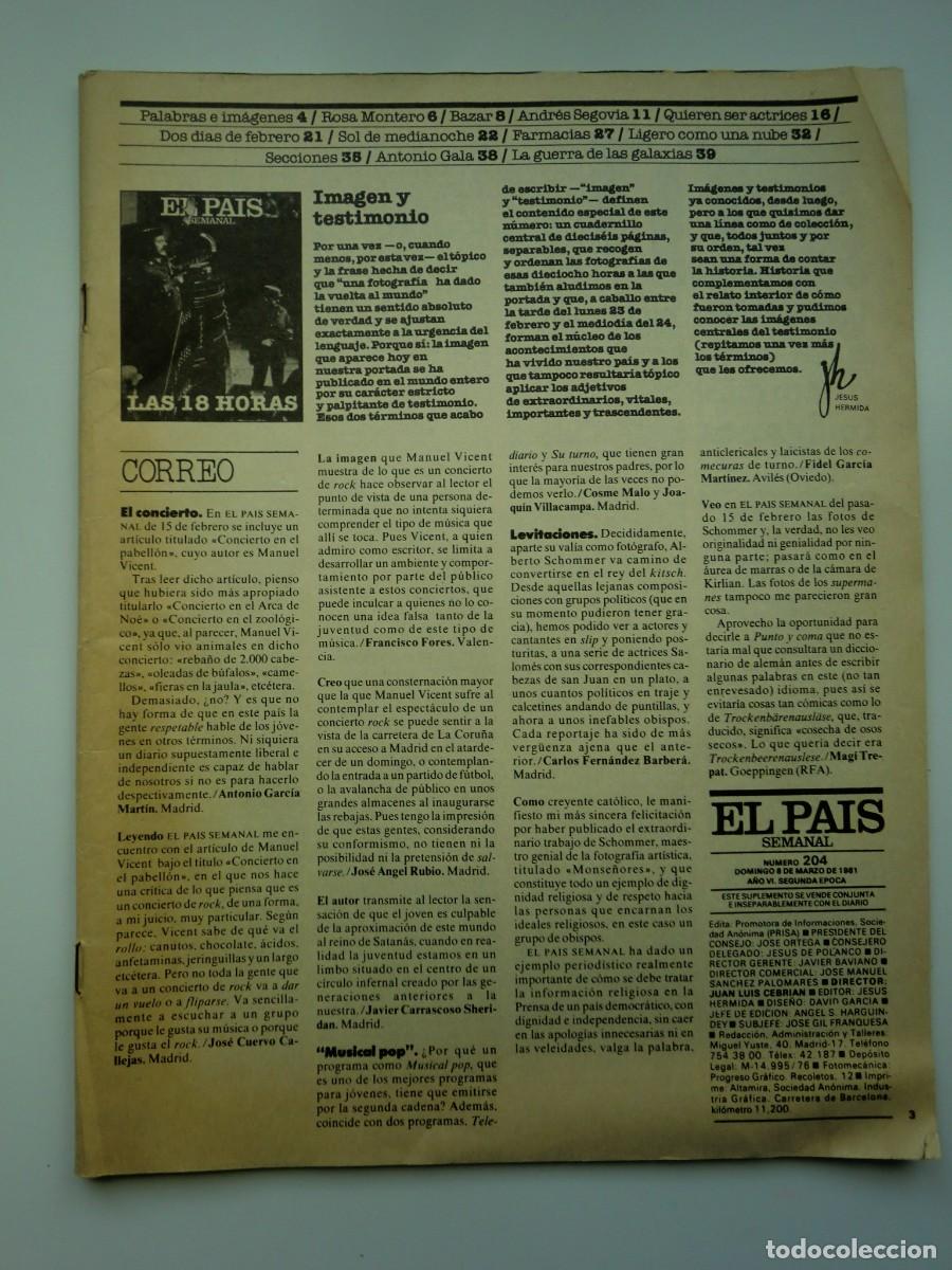 Coleccionismo de Revistas y Peri&oacute;dicos: Peri&oacute;dico EL PA&Iacute;S SEMANAL N&ordm; 204, A&ntilde;o VI, Segunda &Eacute;poca del 8 marzo de 1981: LAS 18 HORAS